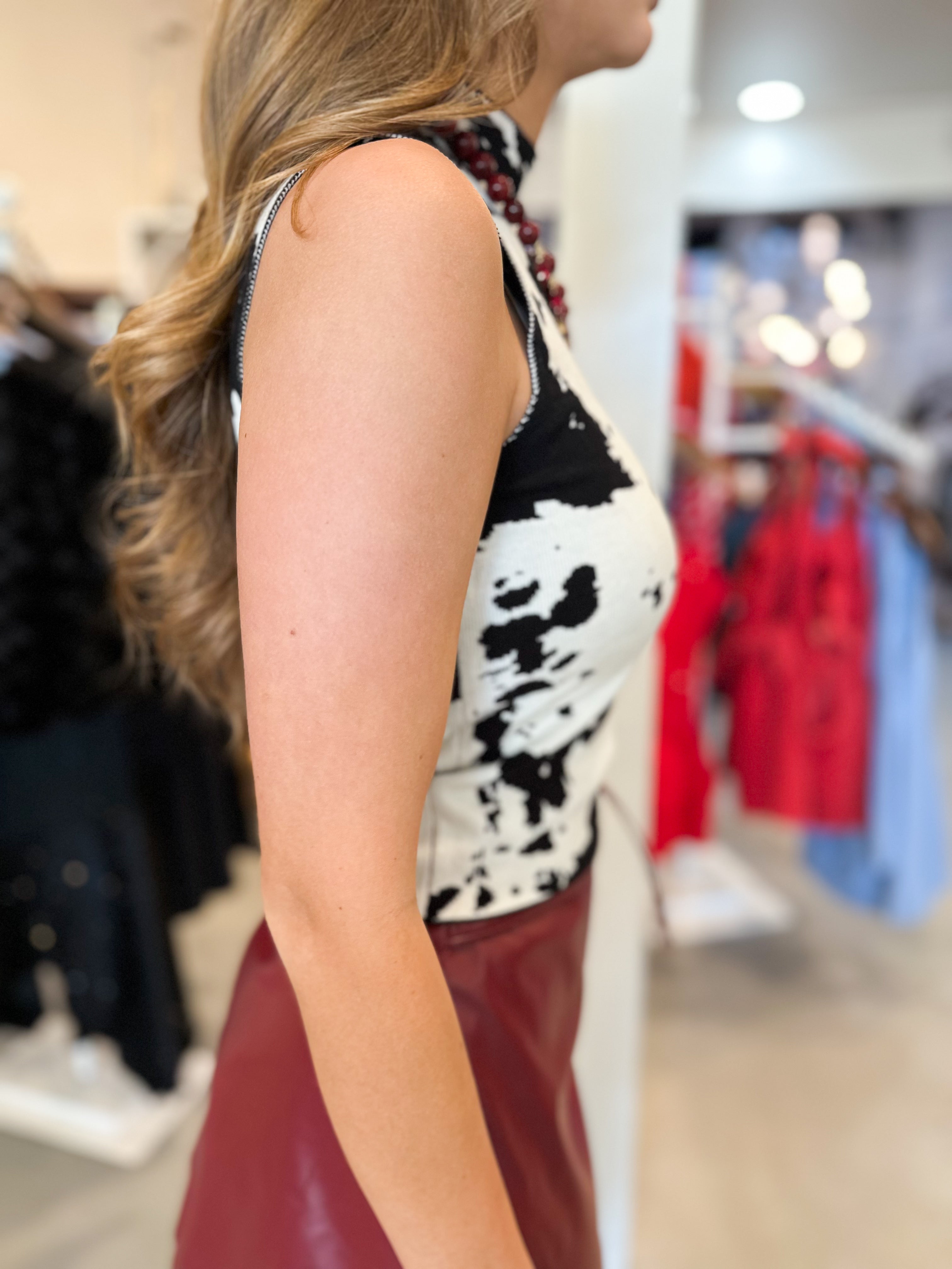Cow Print Mock Neck Knit Tank