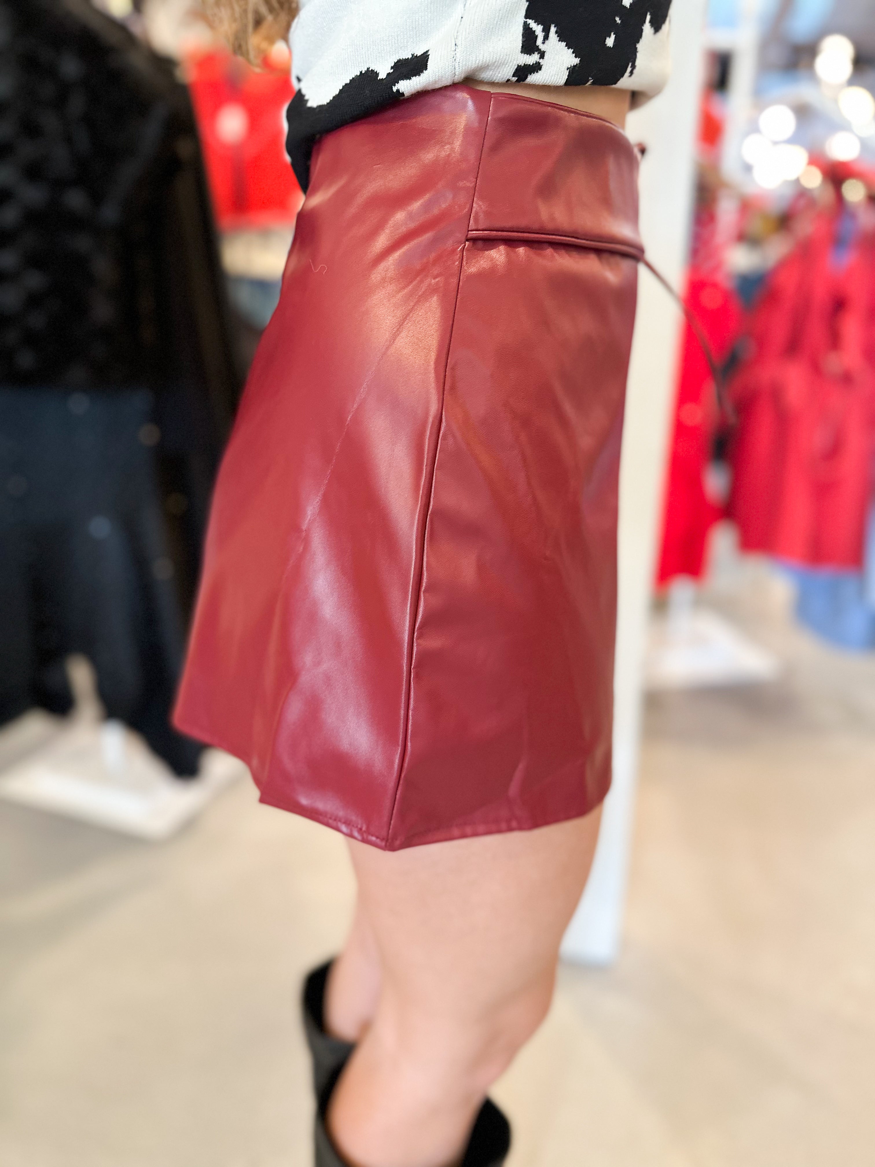 Oxblood Red Faux Leather Mini Skort