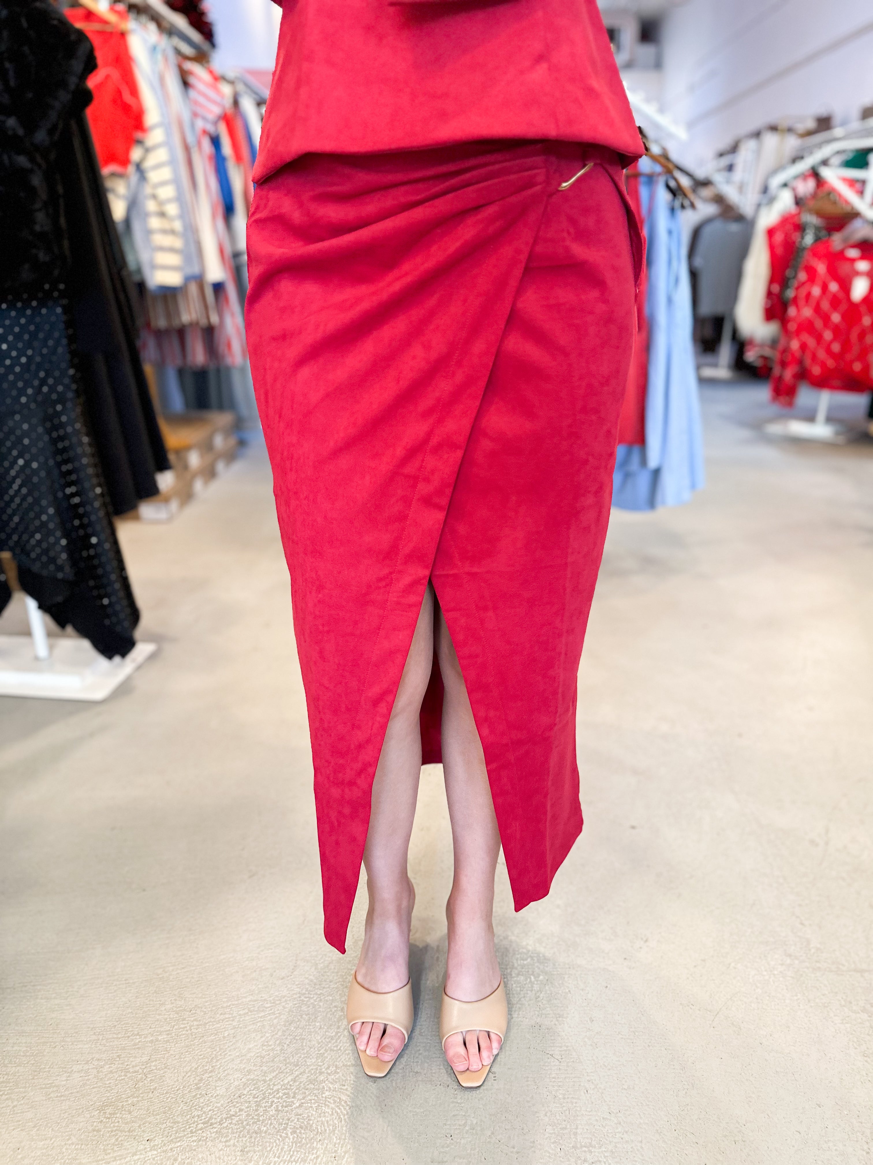 Red Midi Wrap Skirt