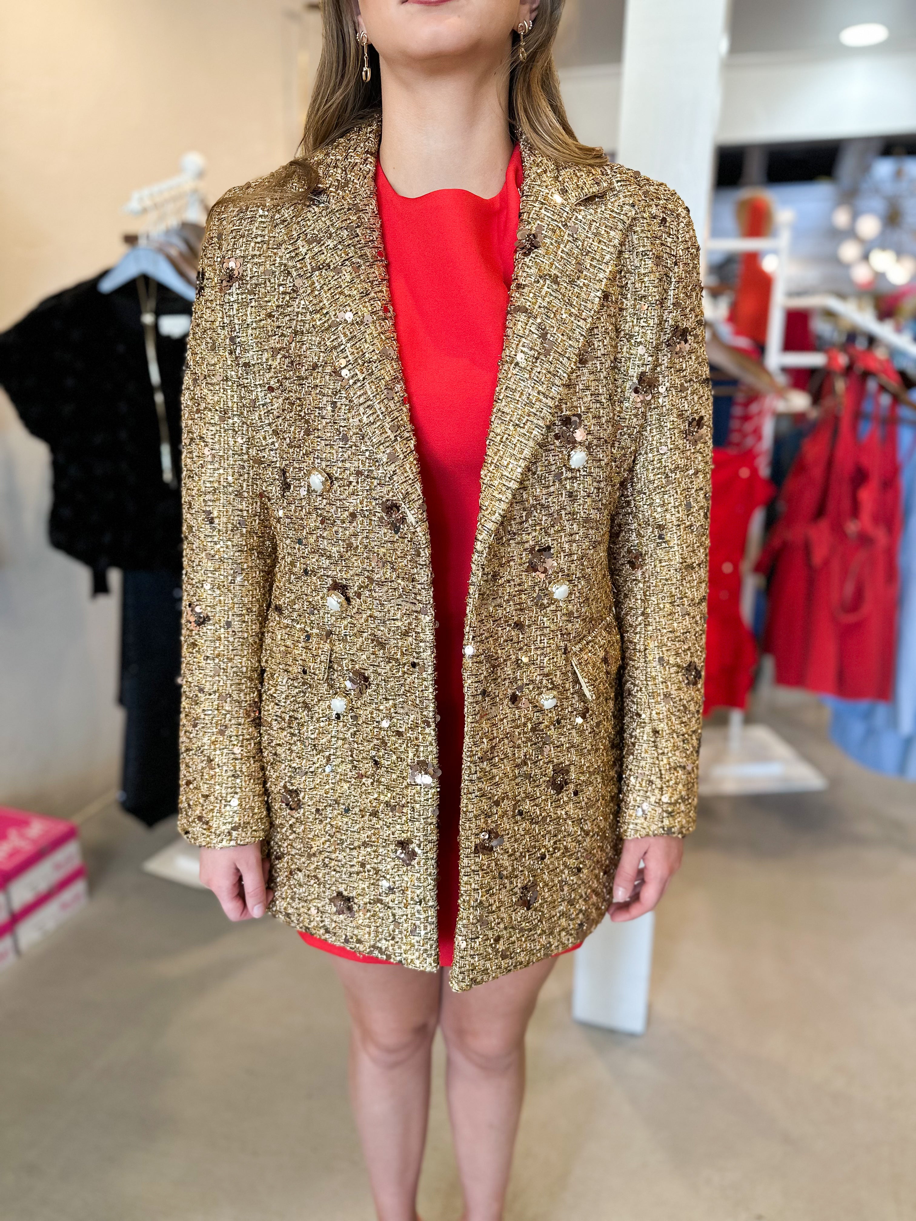 Gold Sequin Tweed Jacket Dress