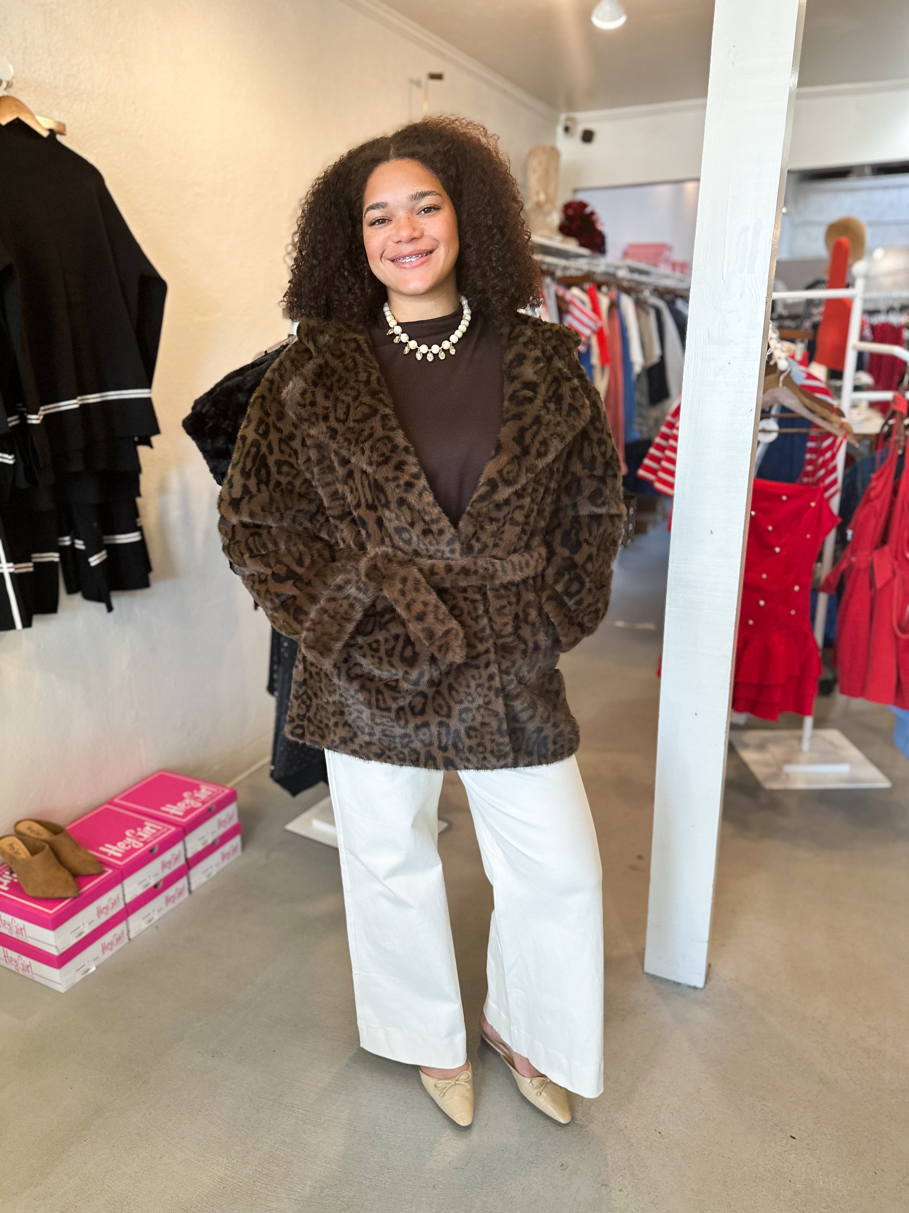 Plus Size Faux Fur Leopard Hooded Jacket