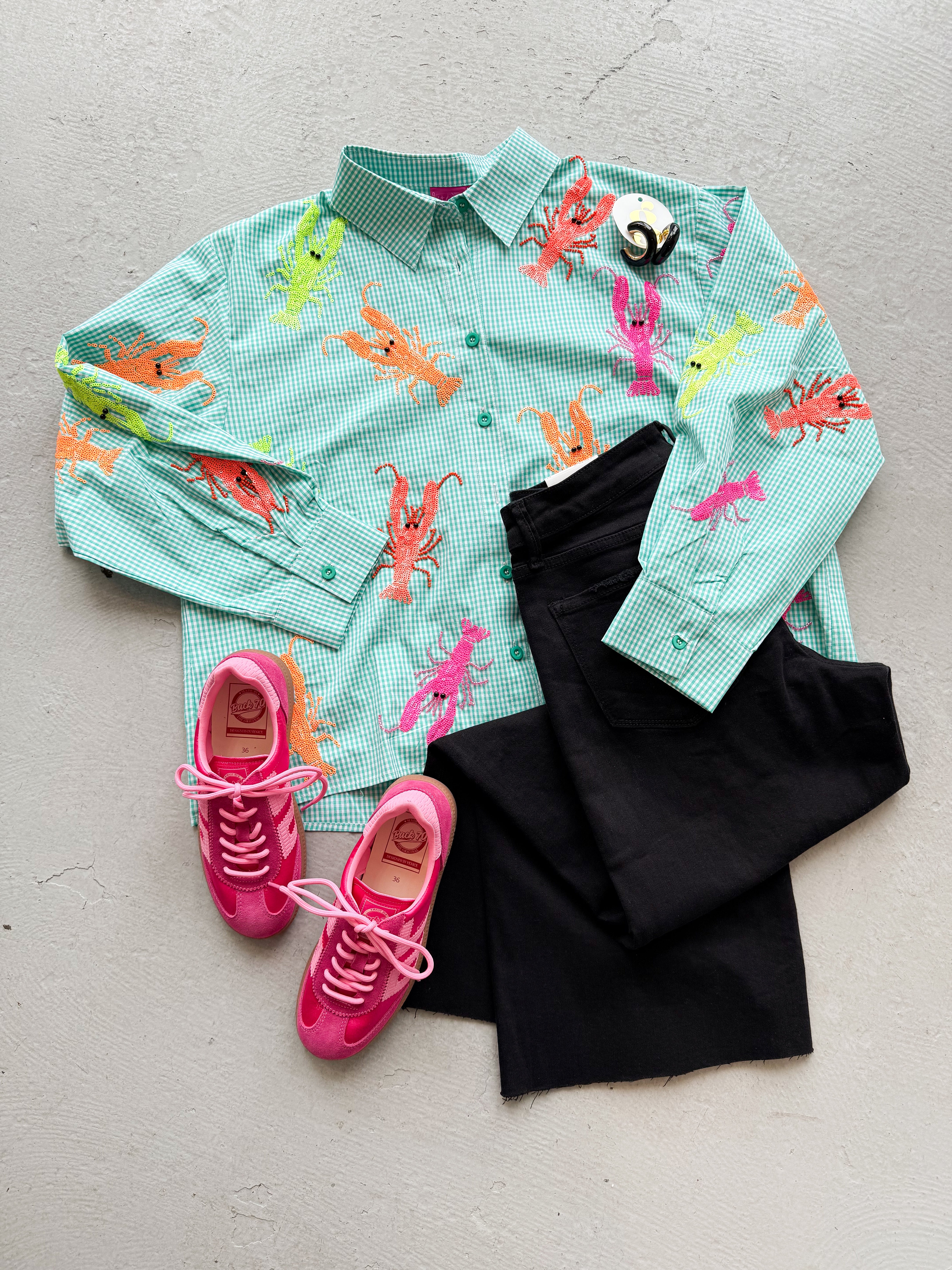 Queen of Sparkles Neon Crawfish Gingham Top