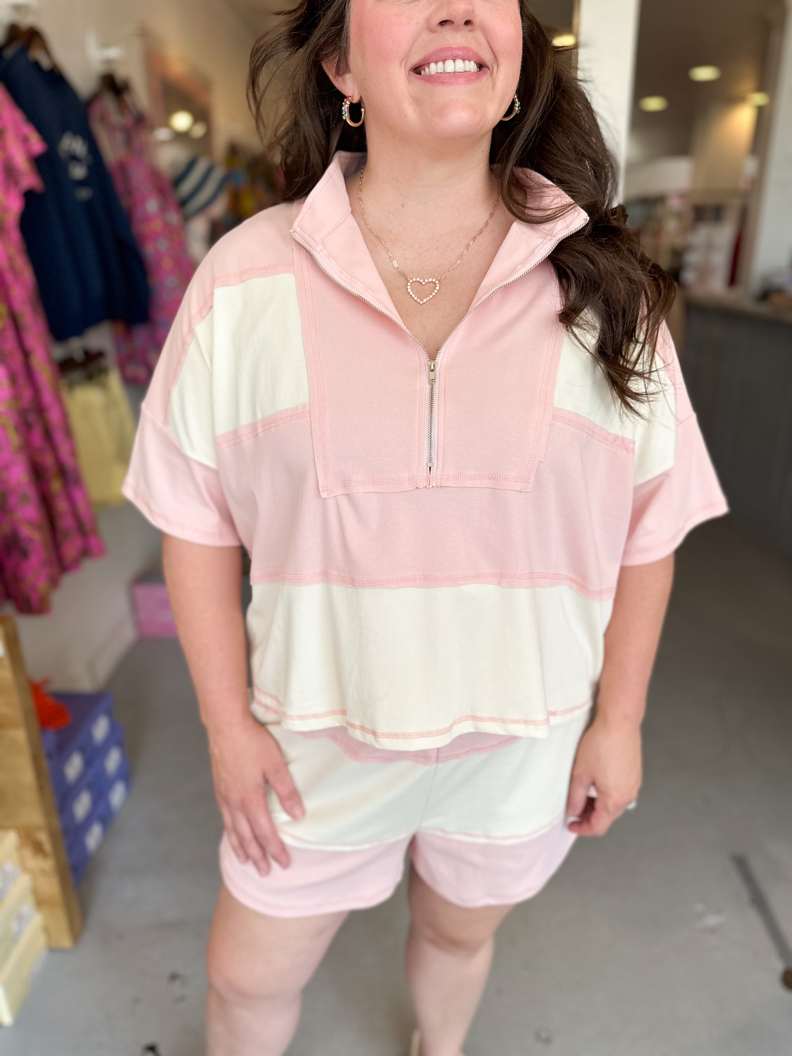 Plus Size Color Block Half Zip Top