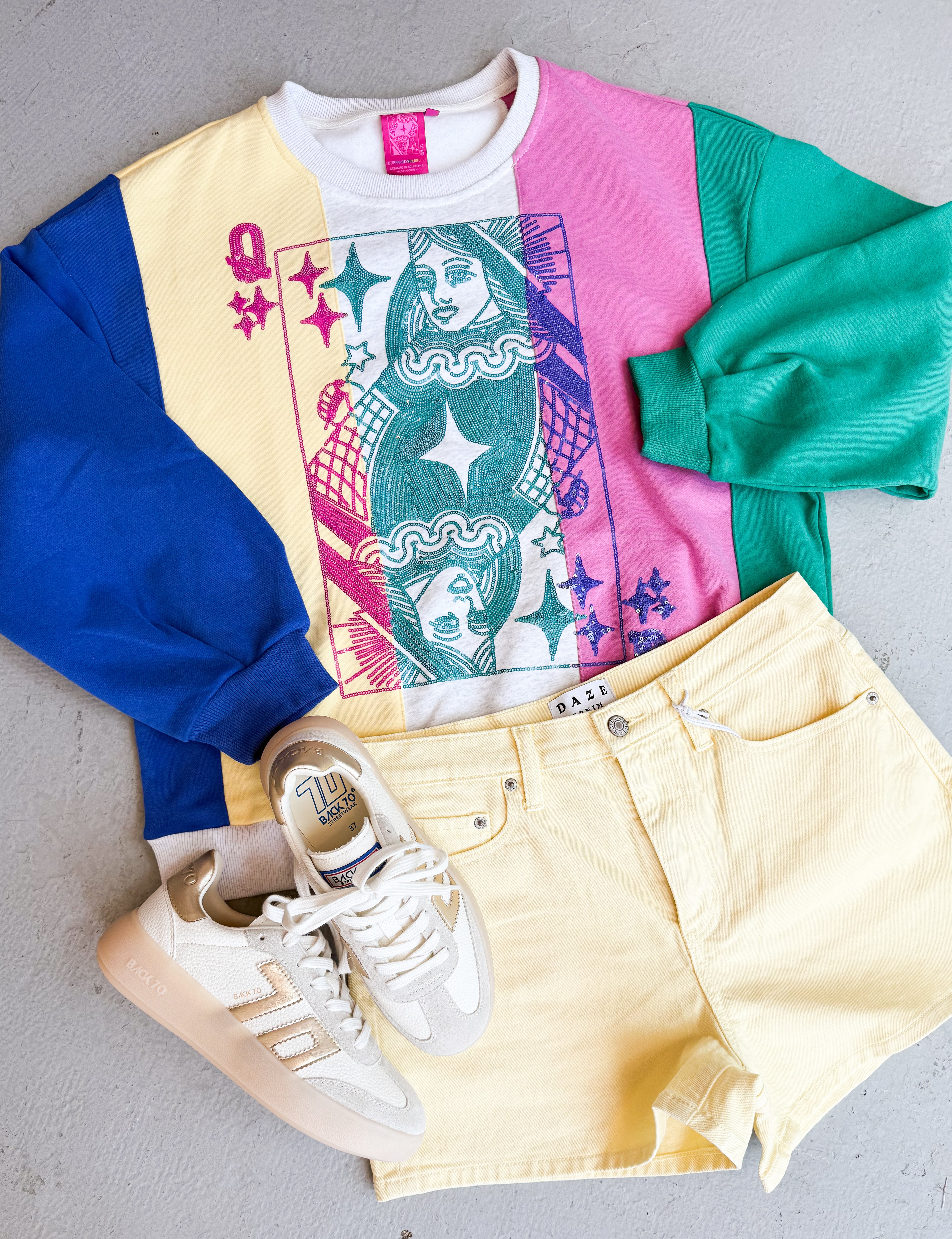 Queen of Sparkles Colorblock Stripe Card Logo Sweatshirt