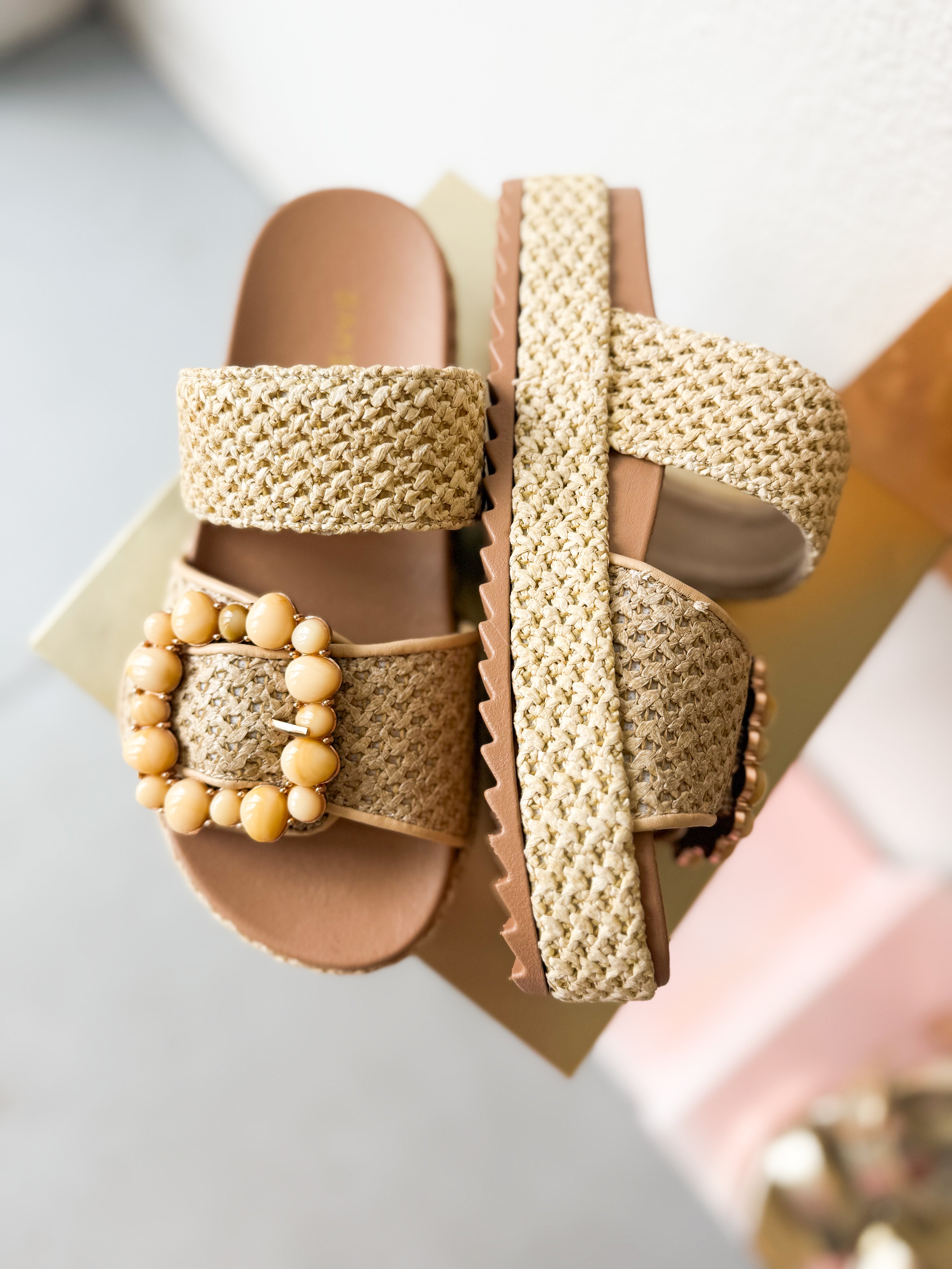 New York Beige Raffia Platform Slide