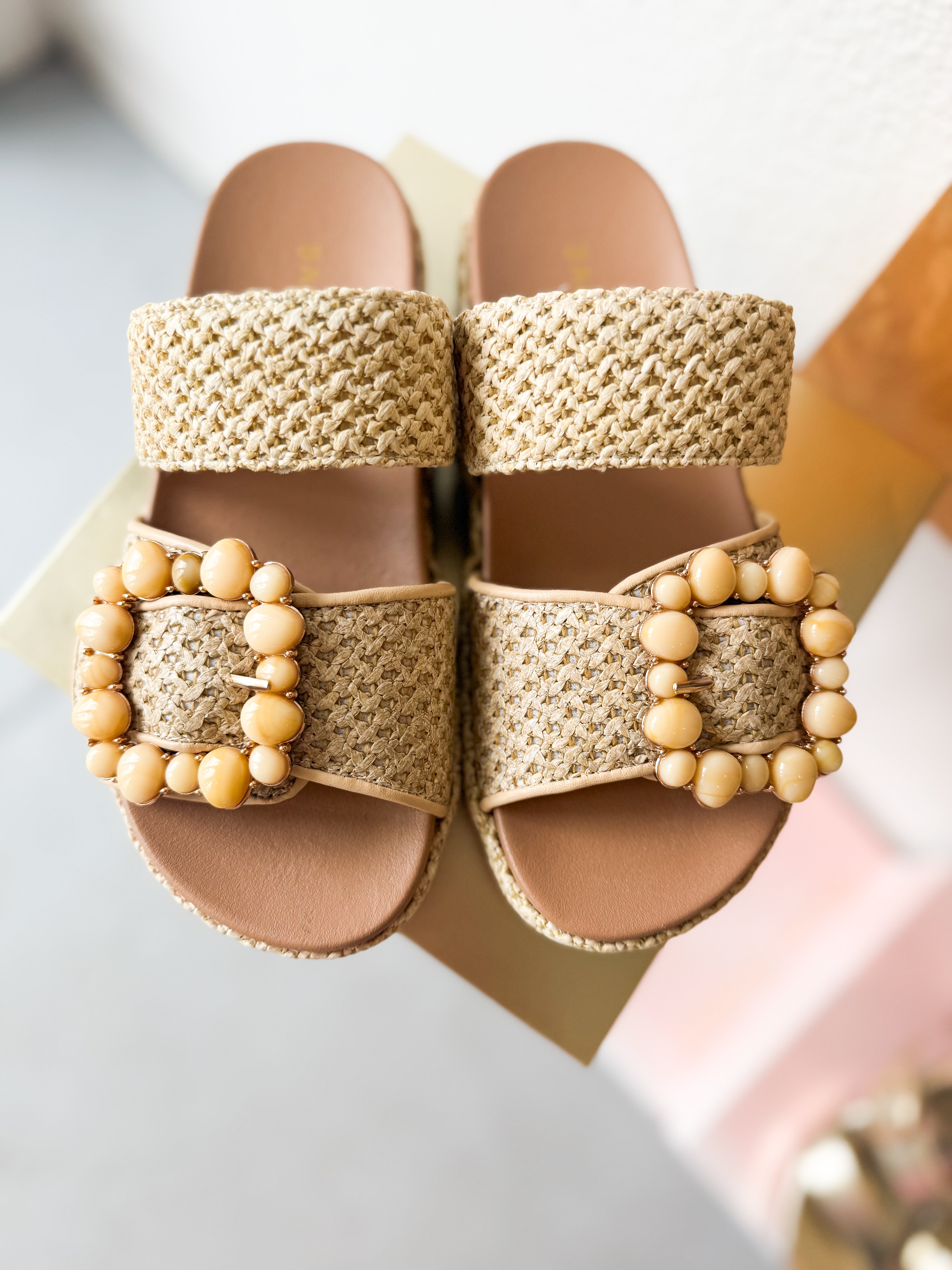 New York Beige Raffia Platform Slide