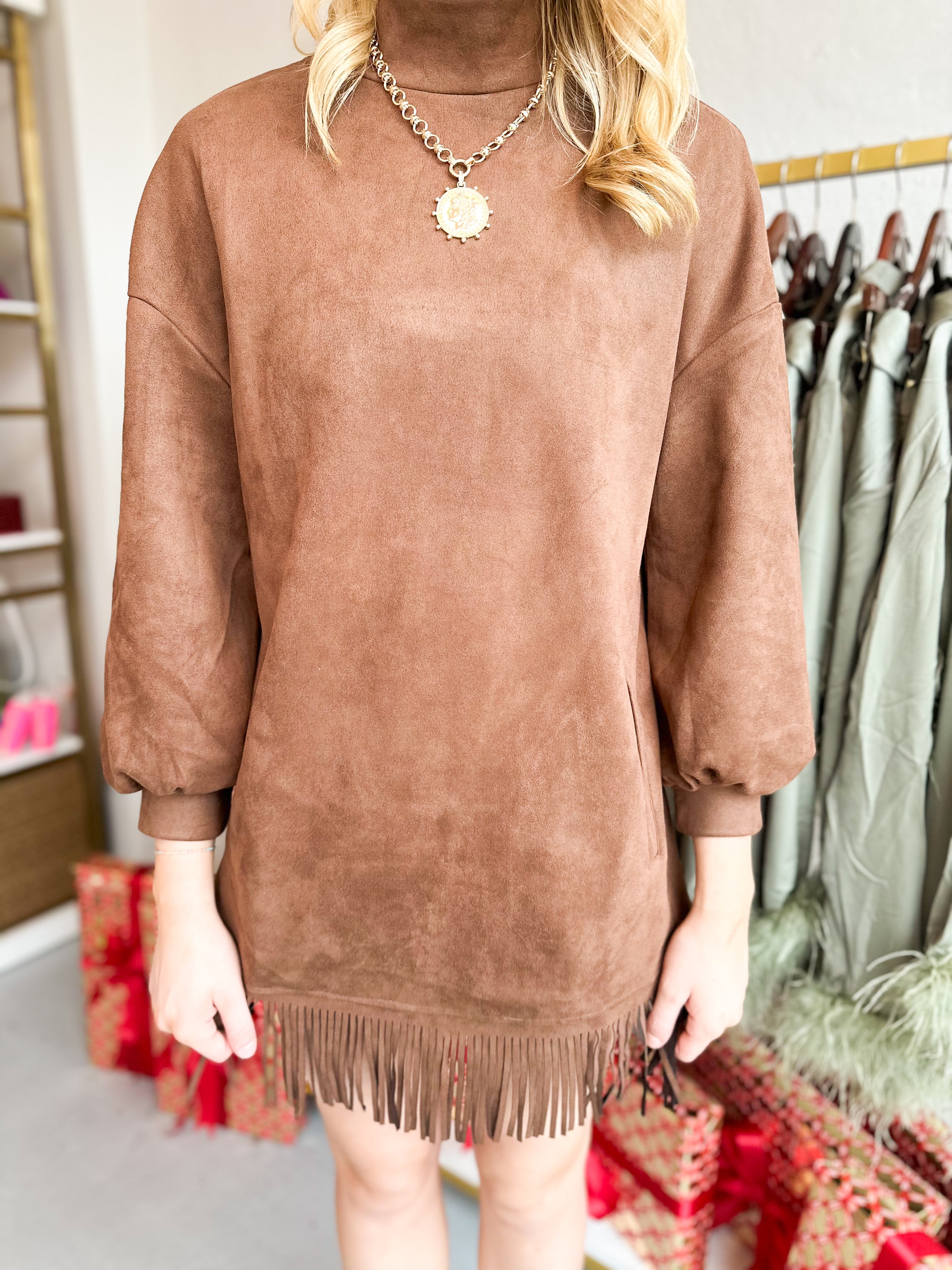 Fringe Hem Suede Dress