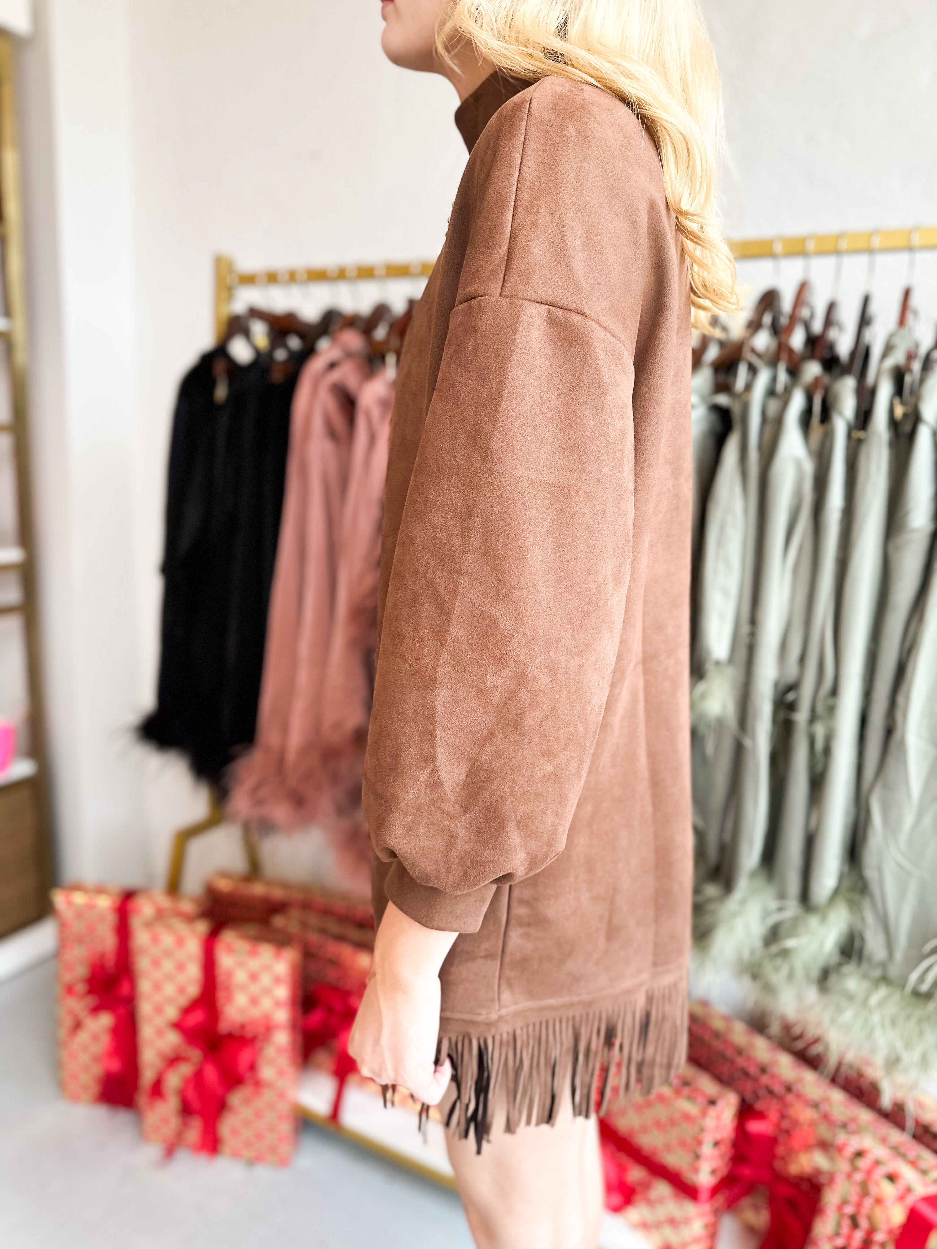 Fringe Hem Suede Dress