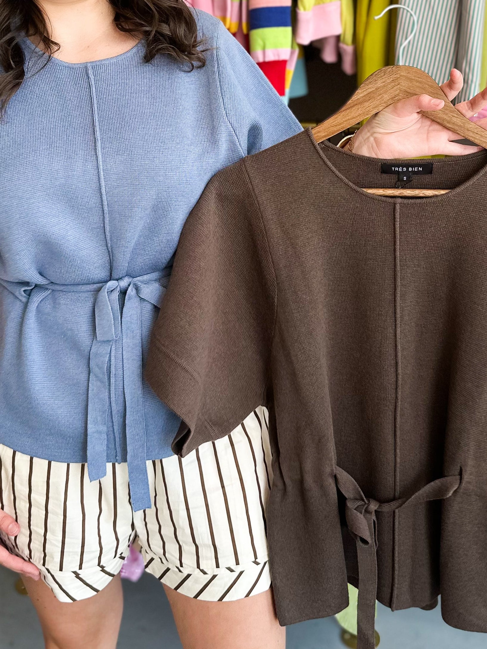 Quarter Sleeve Knit Belted Top