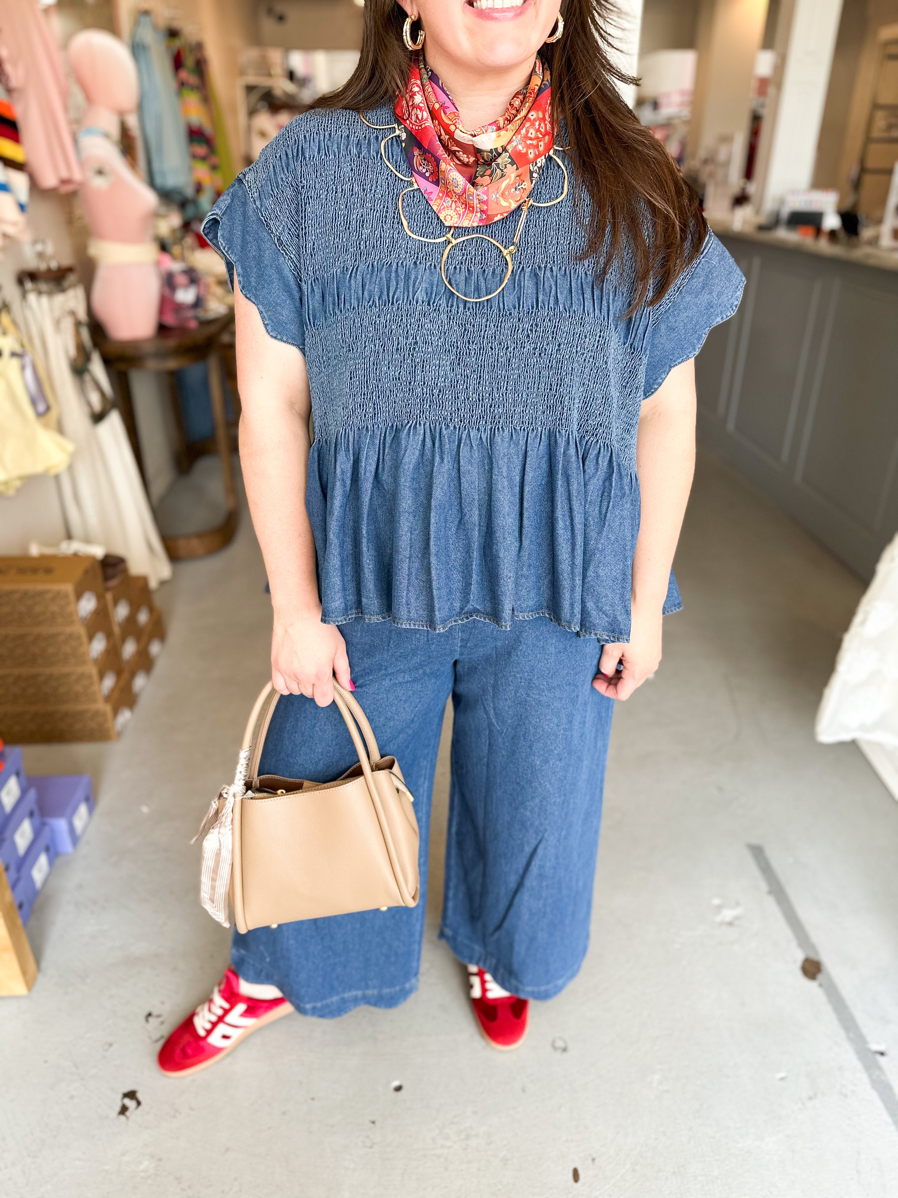 Plus Size Chambray Smocked Top