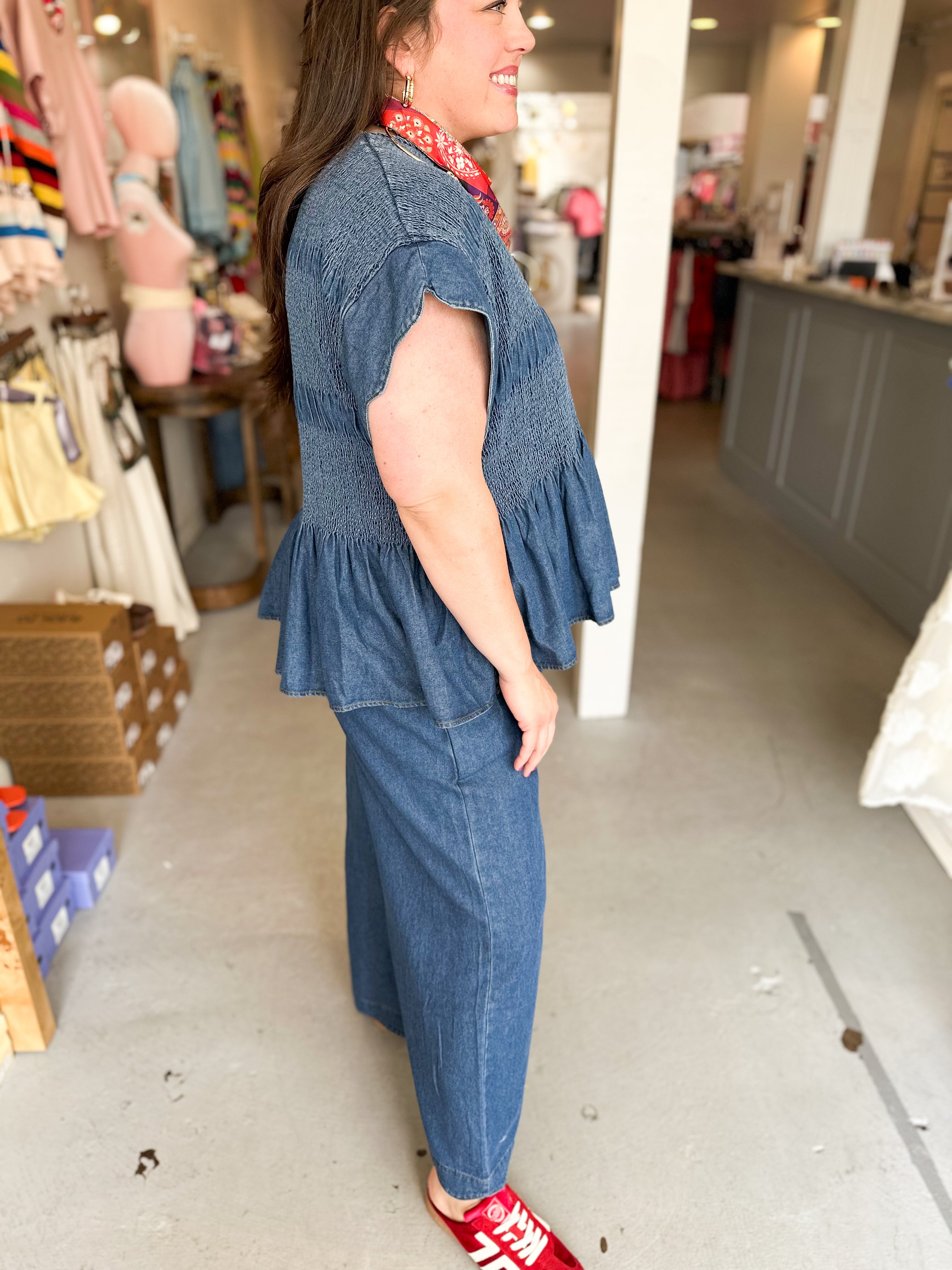 Plus Size Chambray Smocked Top