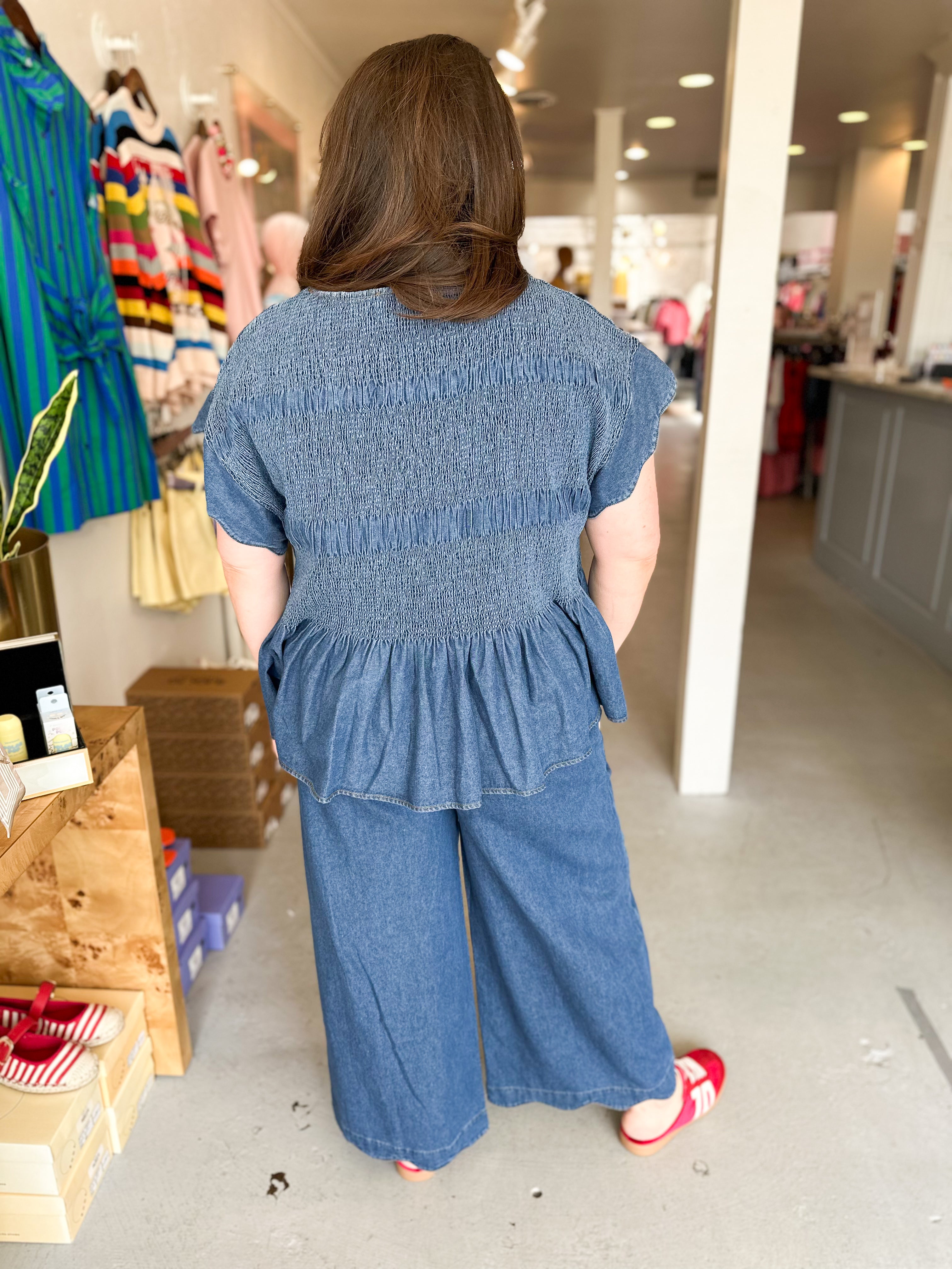 Plus Size Chambray Smocked Top