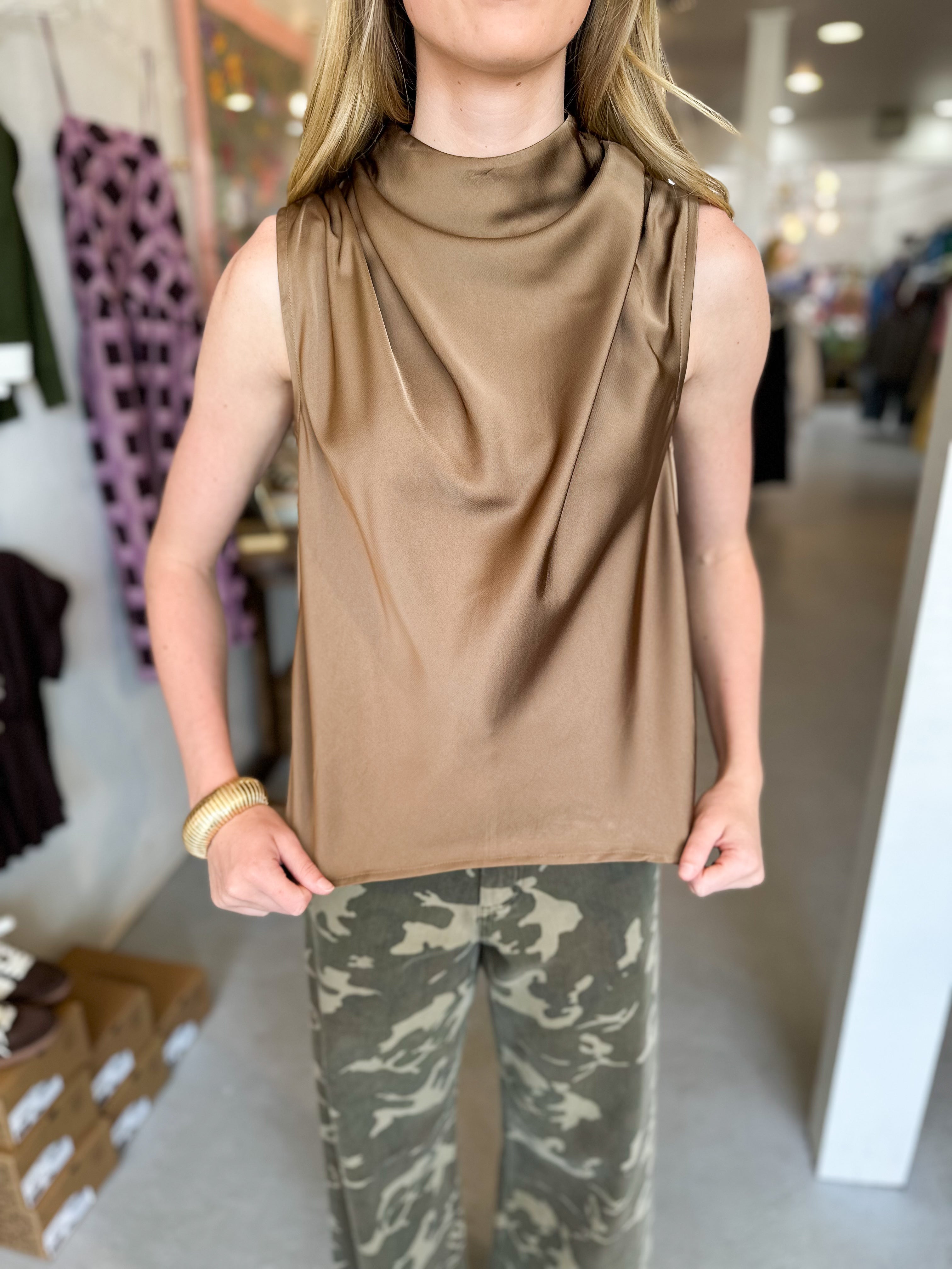 Mock-Neck Sleeveless Satin Top