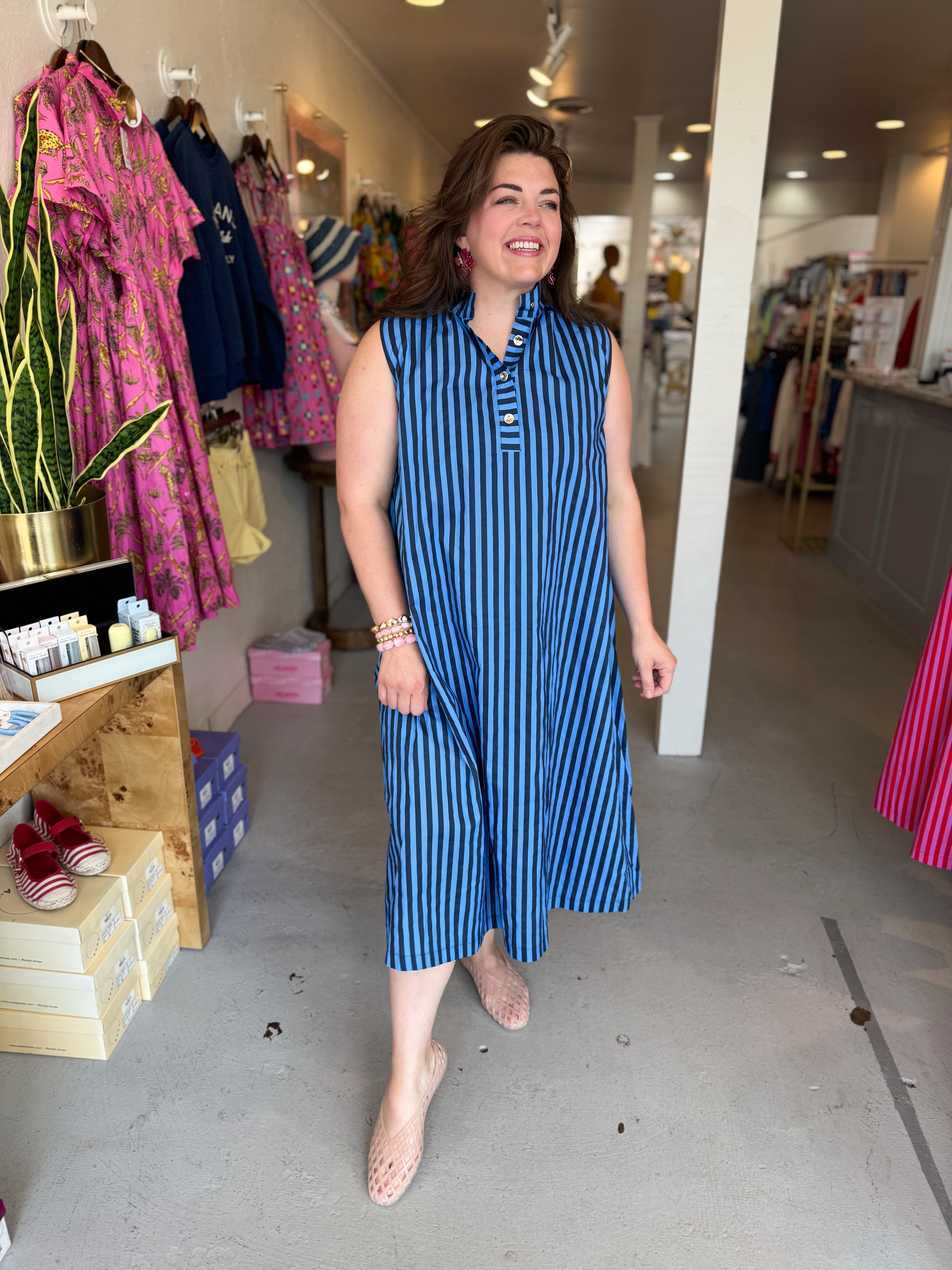 Stand Collar Stripe Midi Dress
