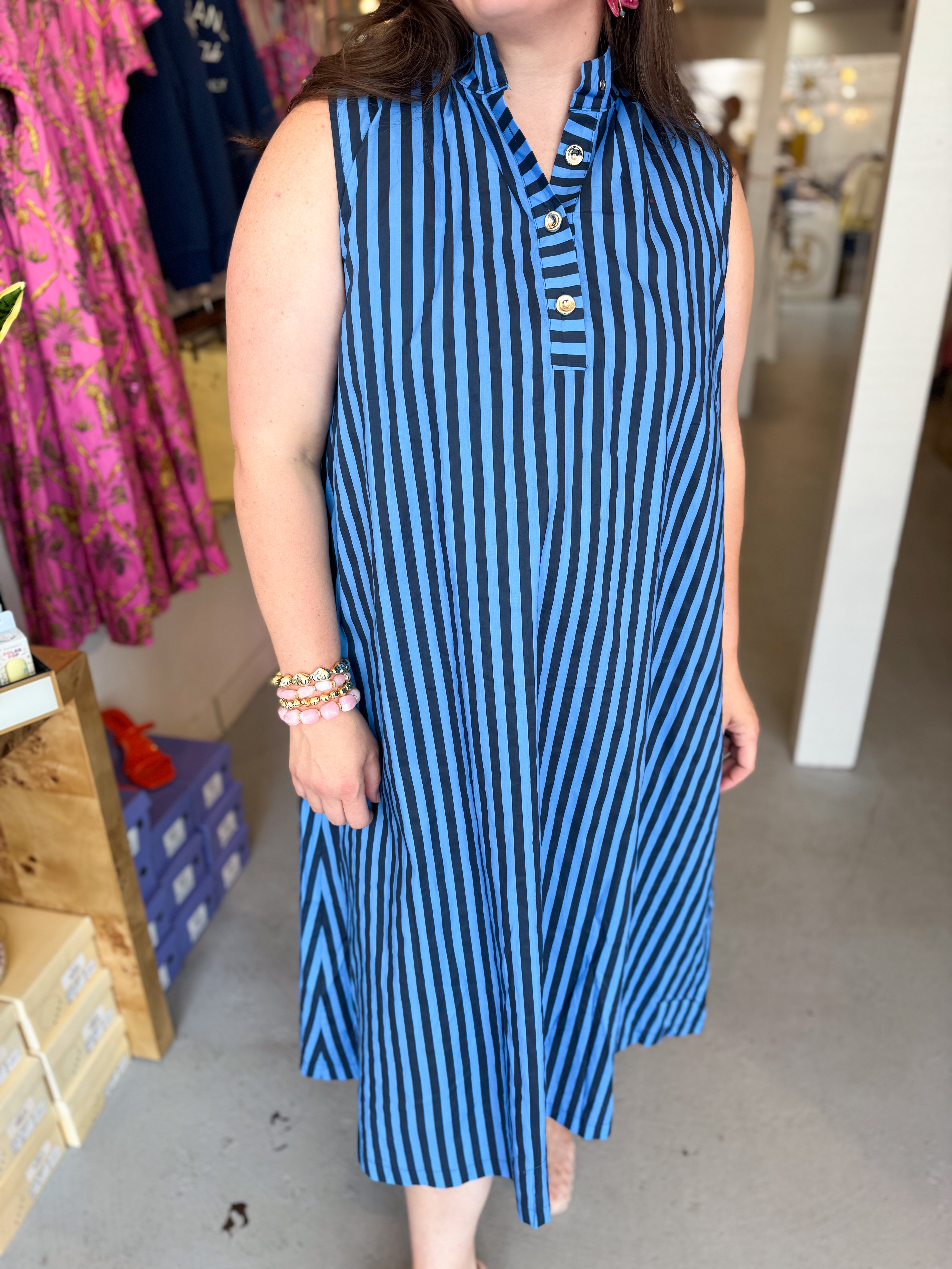 Stand Collar Stripe Midi Dress