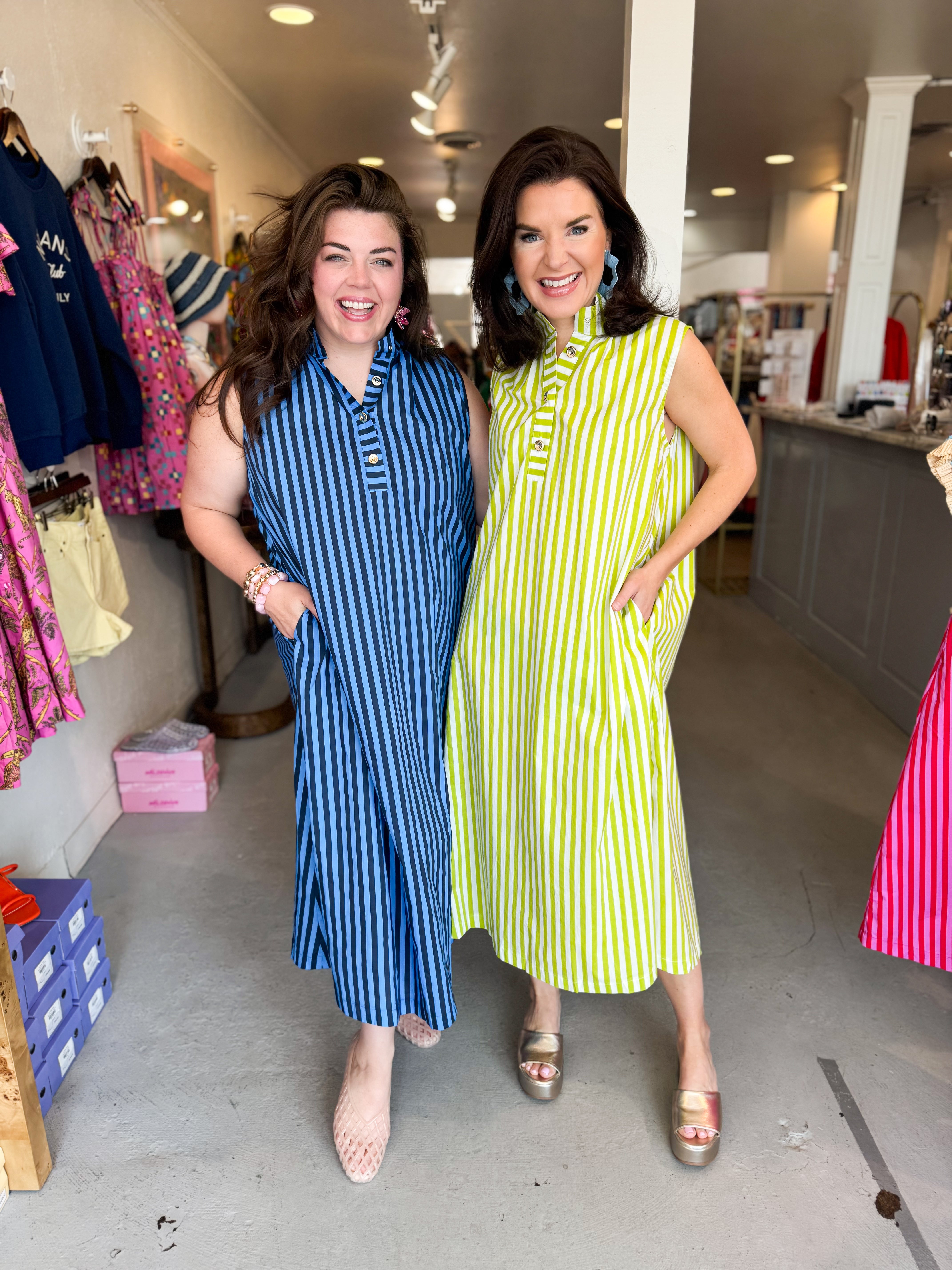 Stand Collar Stripe Midi Dress