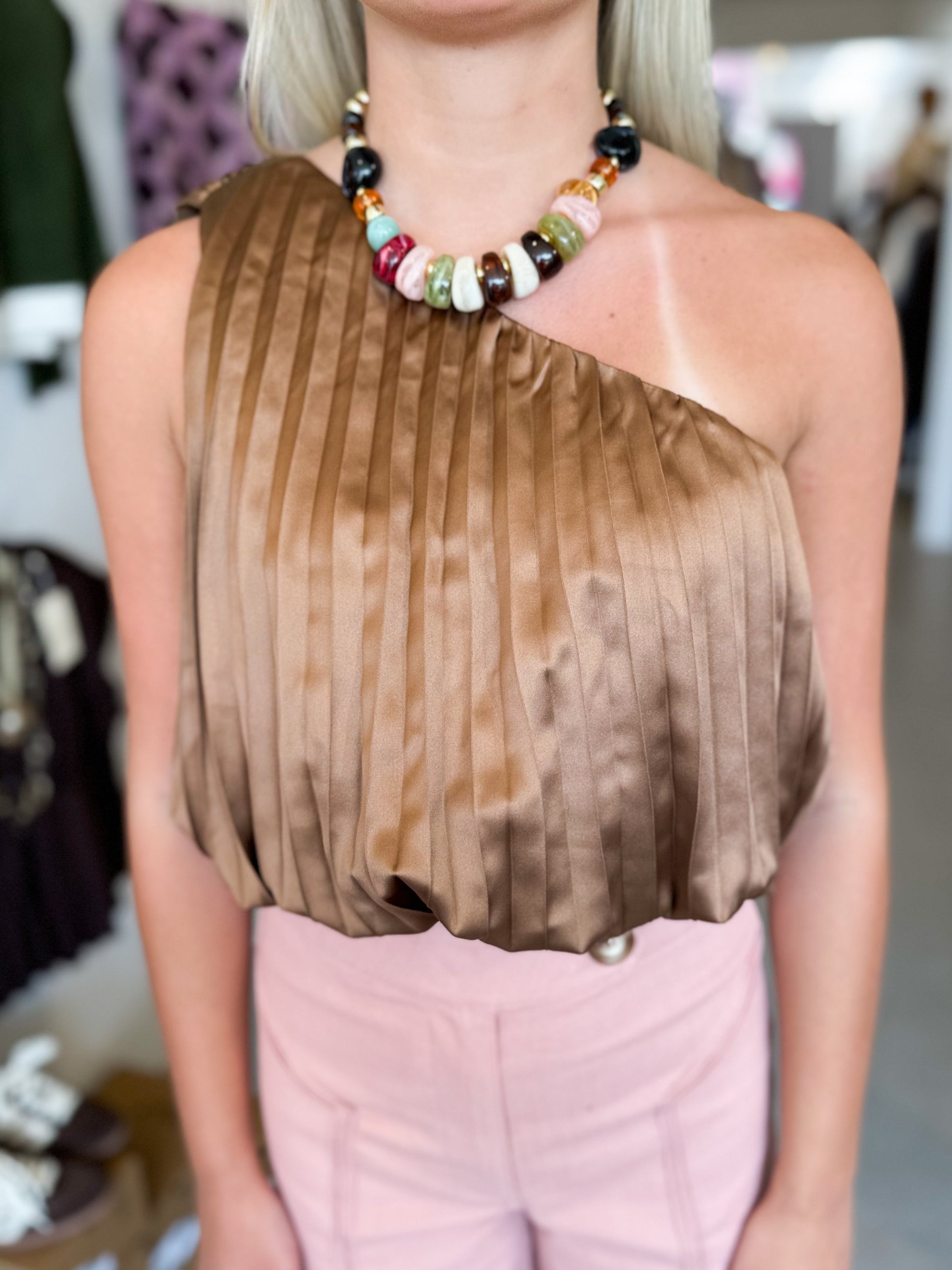 Pleated One Shoulder Bubble Top