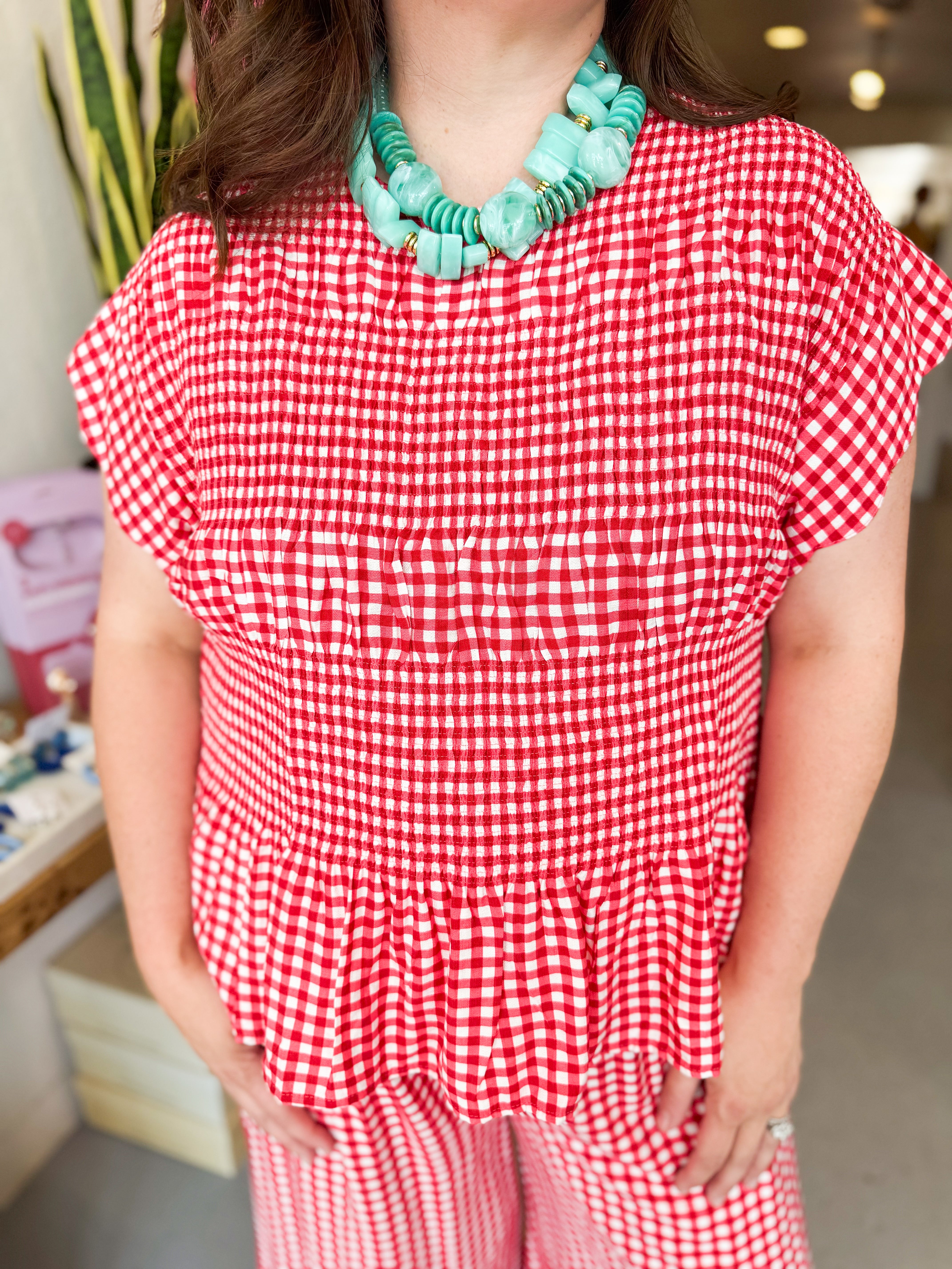 Plus Size Gingham Scalloped Sleeve Top