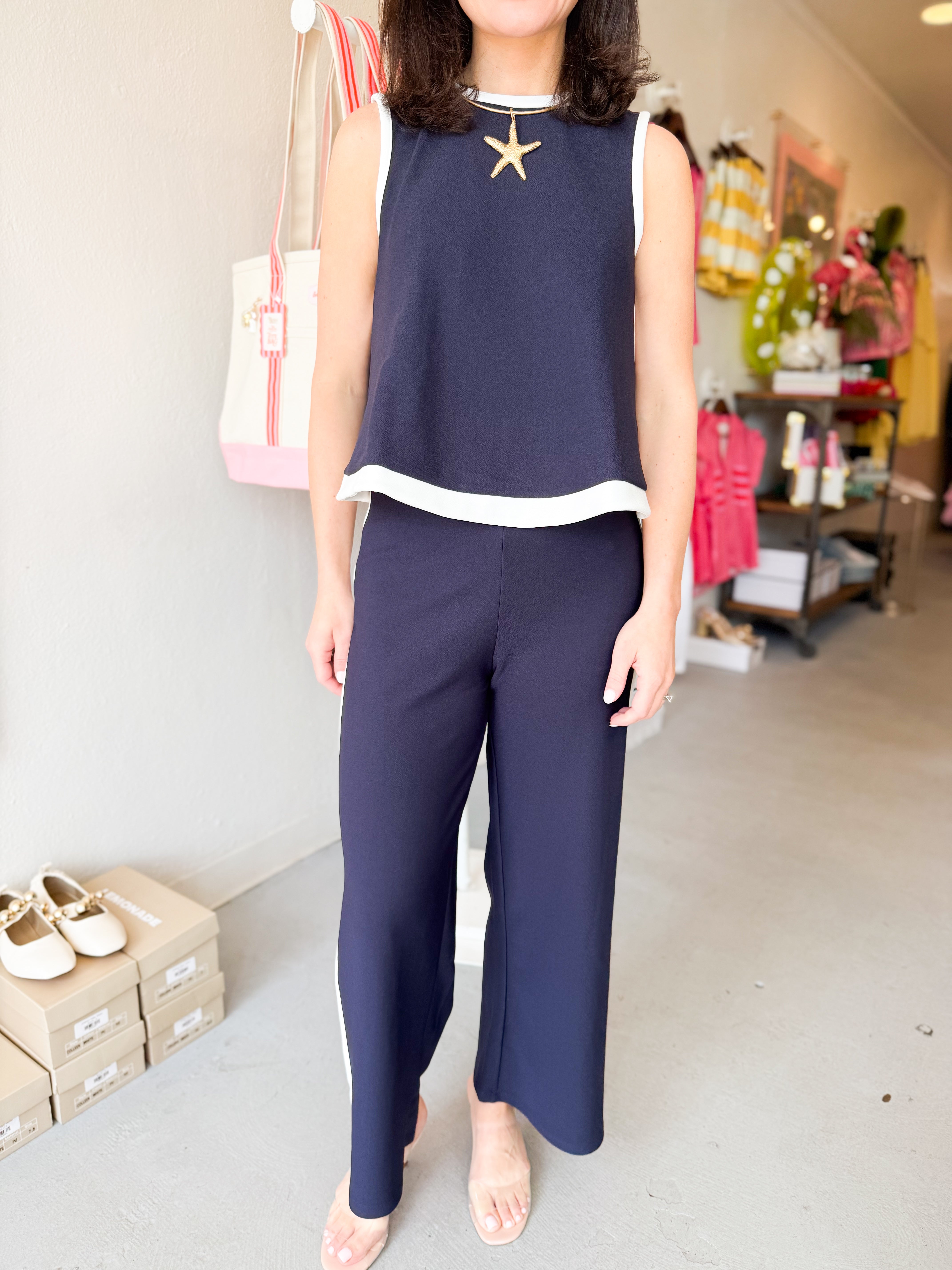 Navy High Waist Contrast Pants