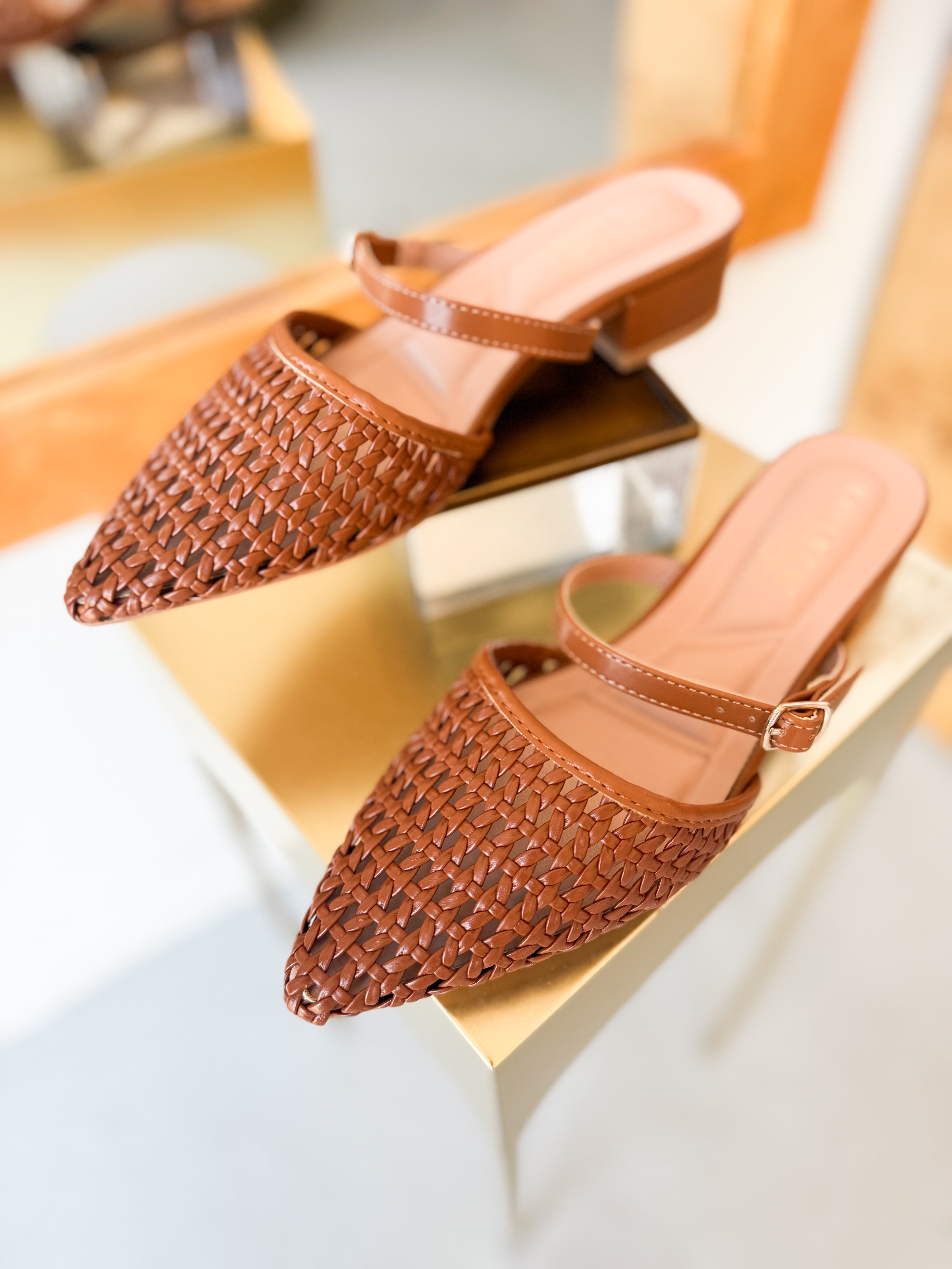 Cognac Woven Pointed Toe Slide