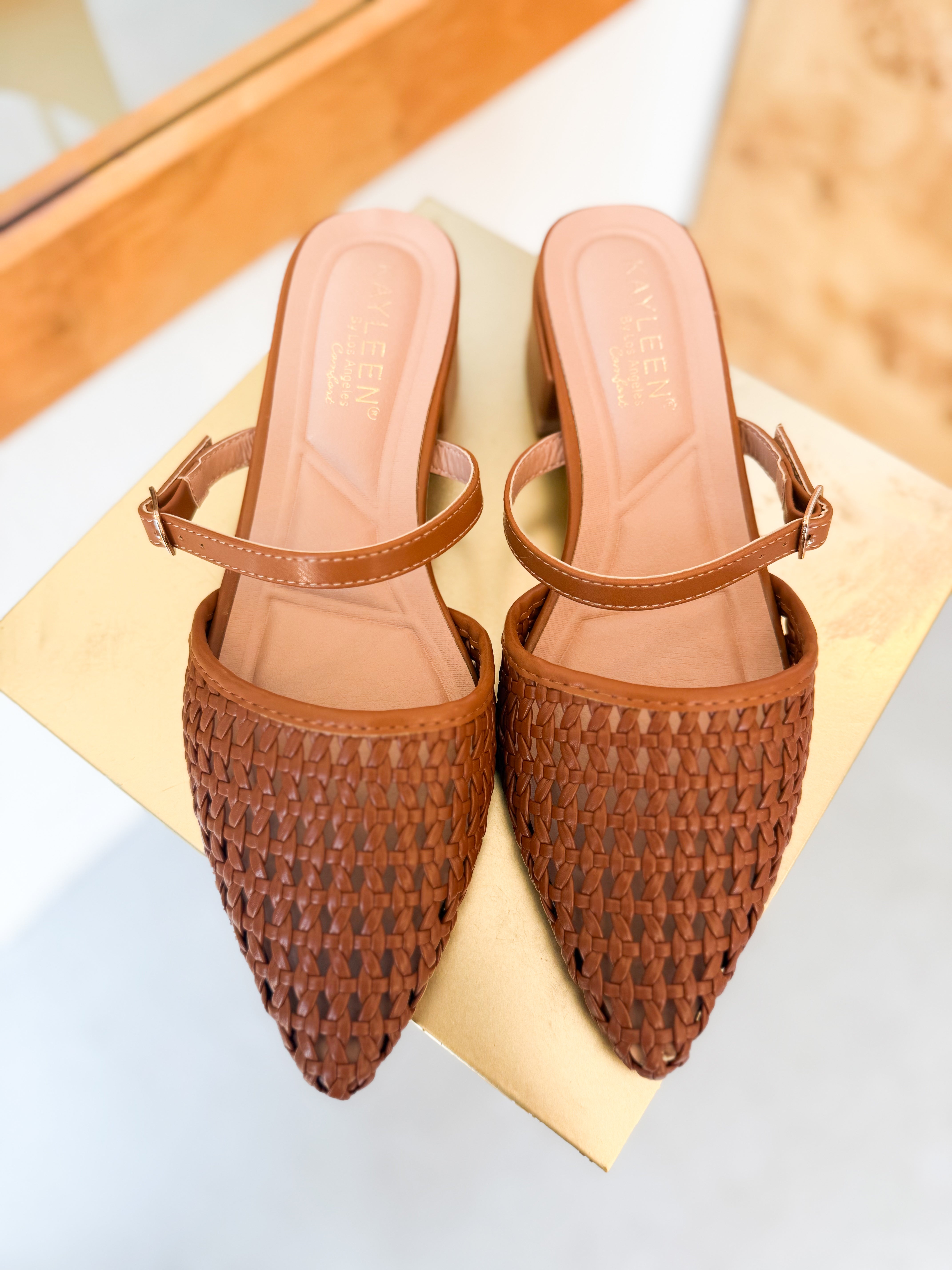 Cognac Woven Pointed Toe Slide
