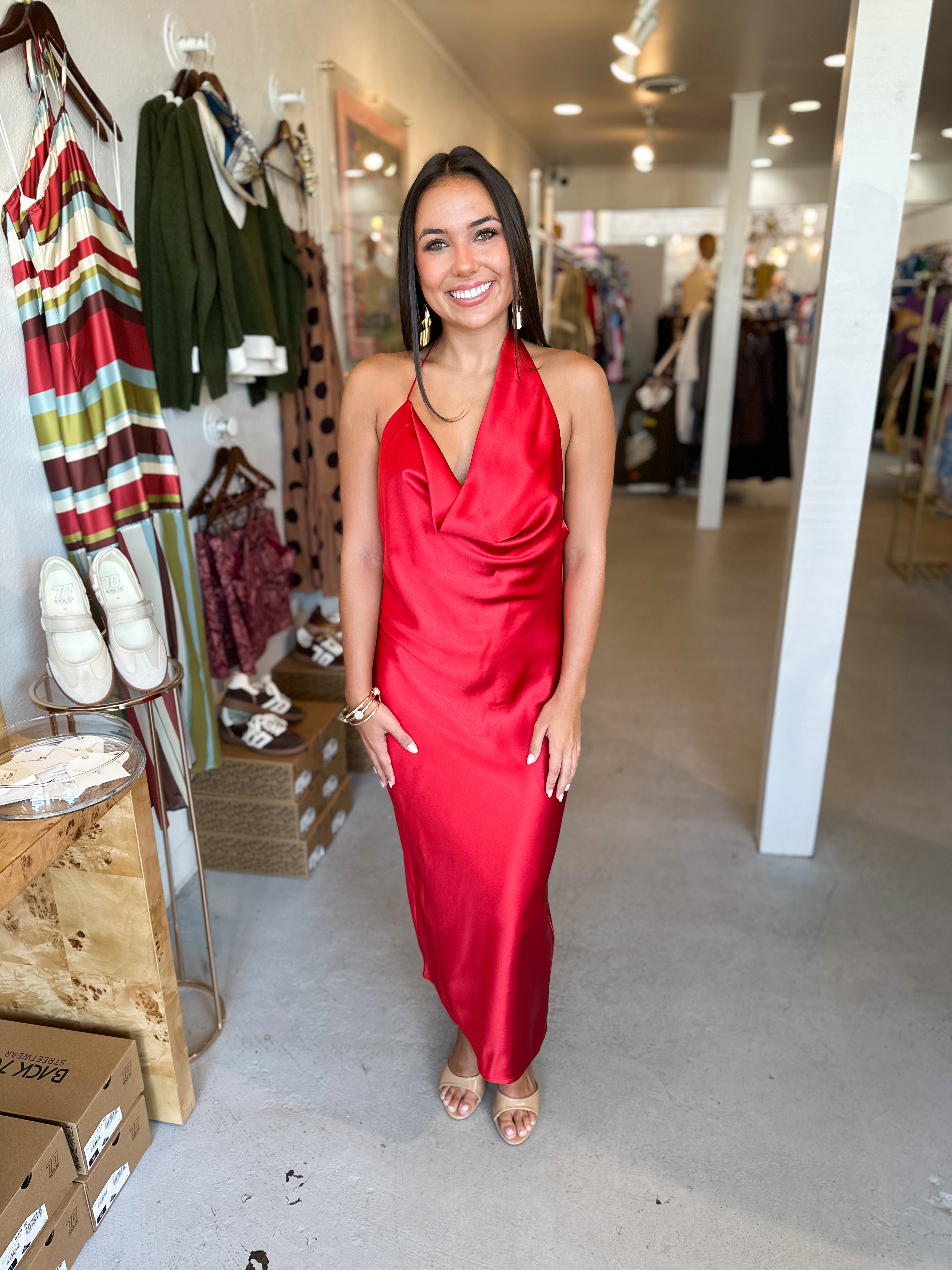 Fire Red Satin Maxi Dress
