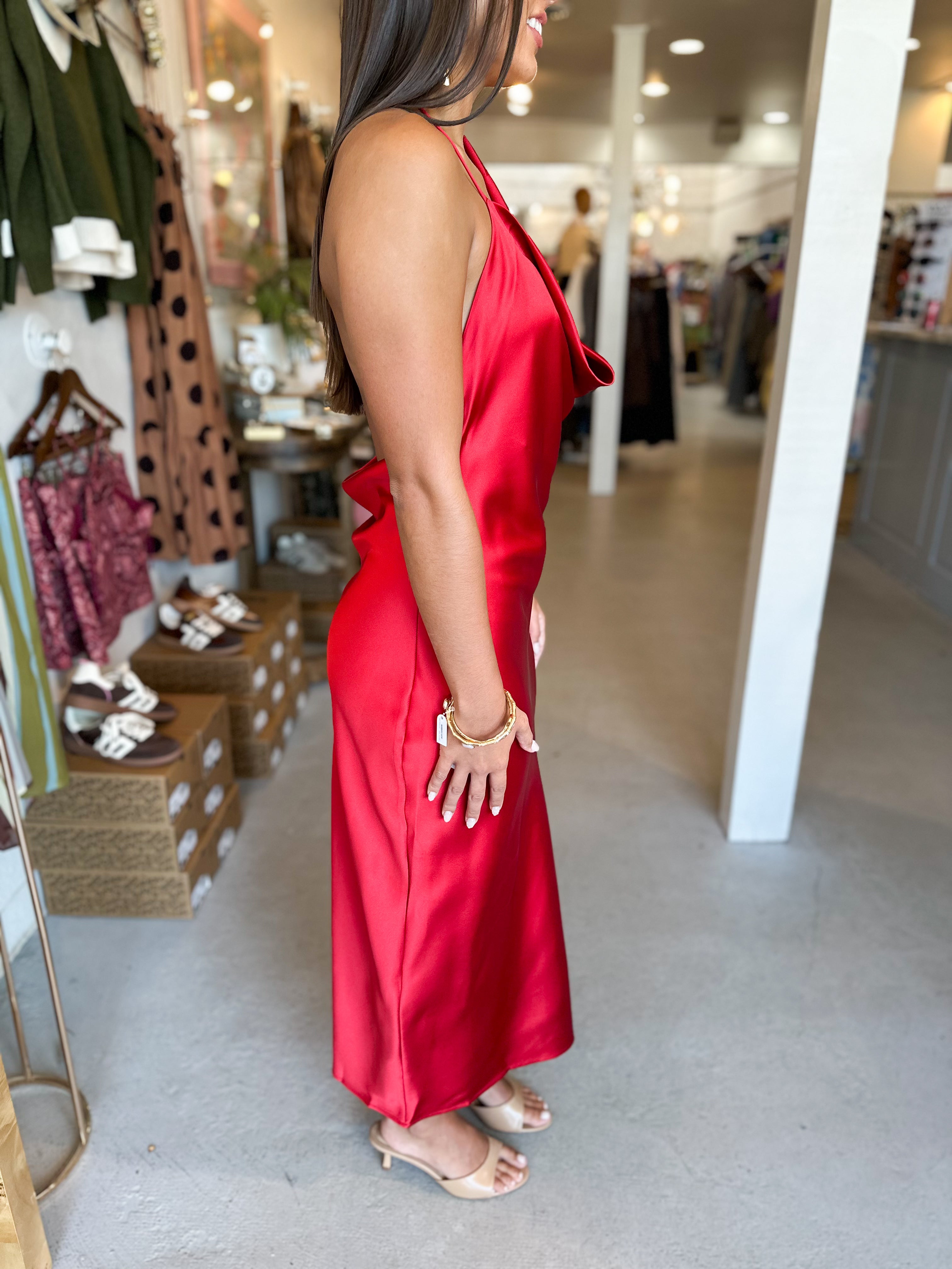 Fire Red Satin Maxi Dress