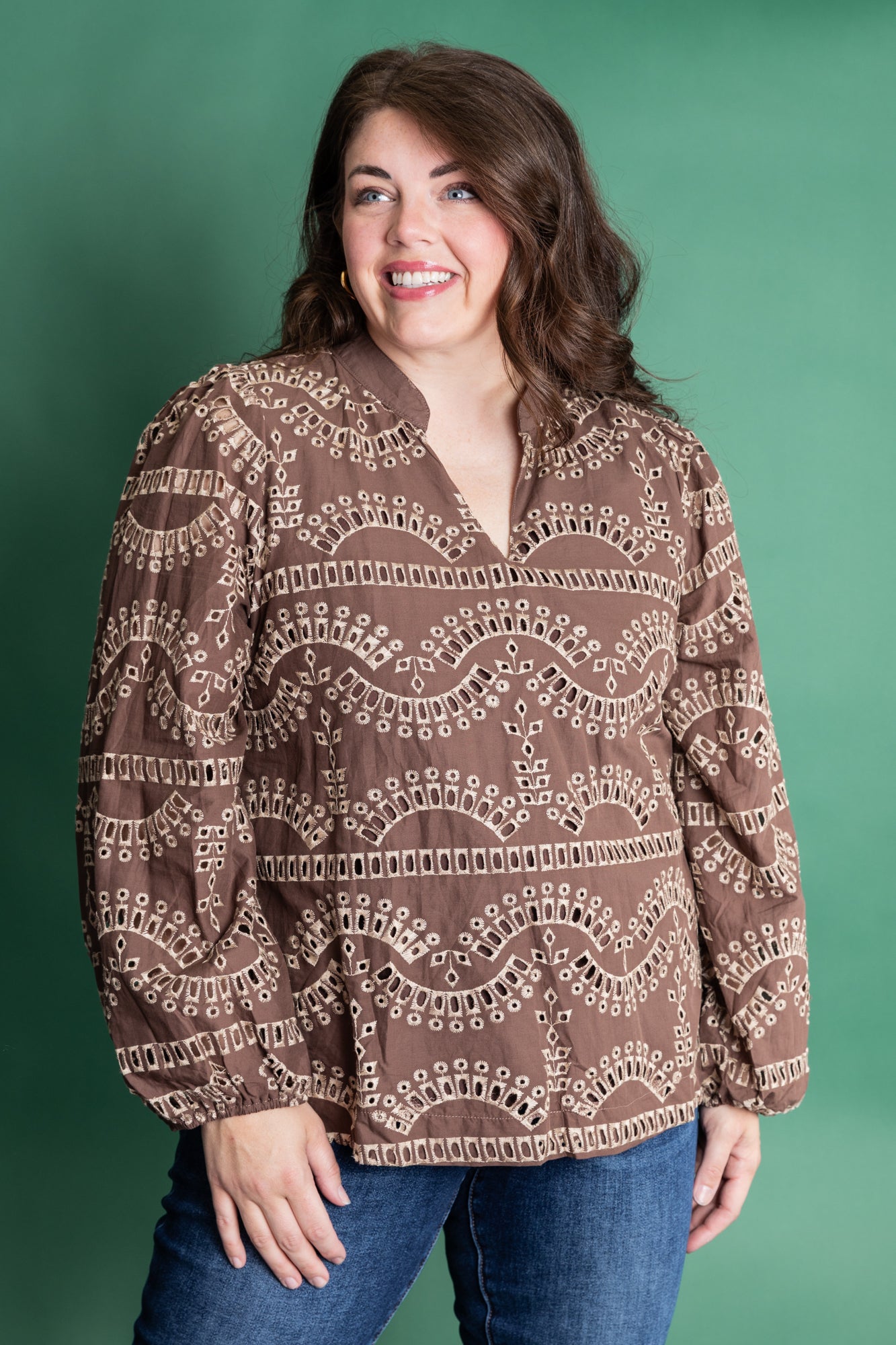 Plus Size Mocha Embroidered Top