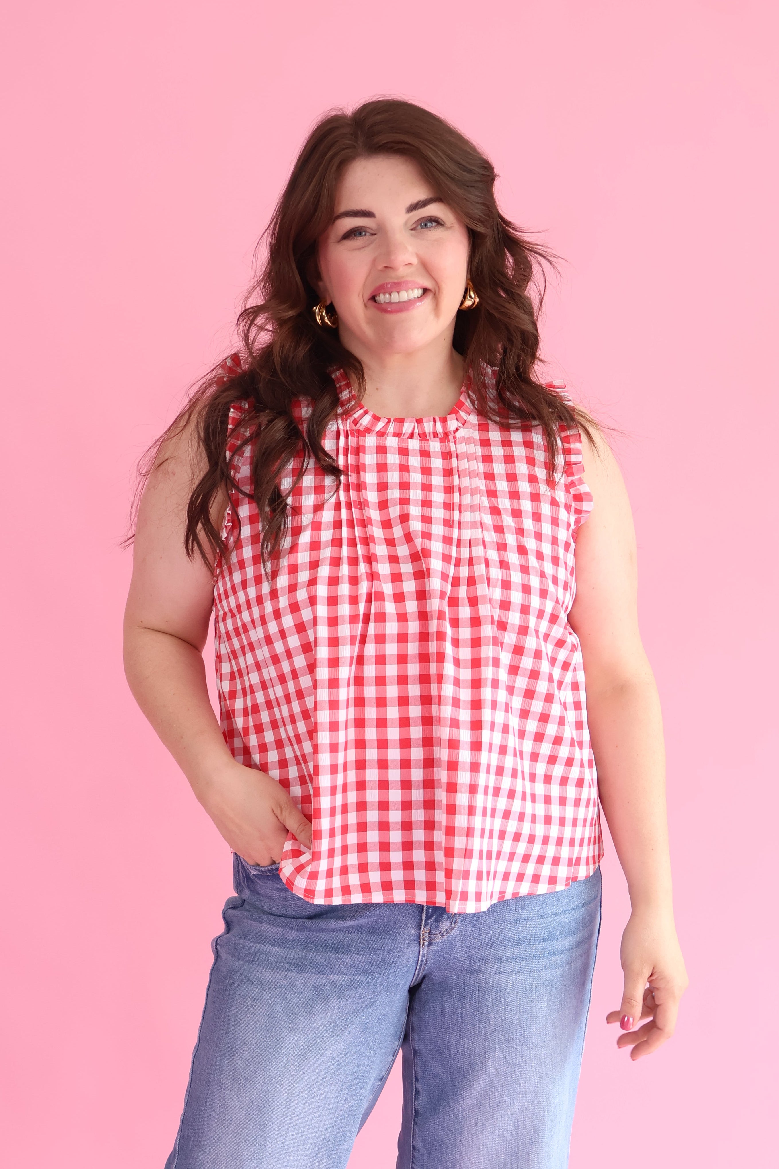 Plus Size Gingham Pintuck Top