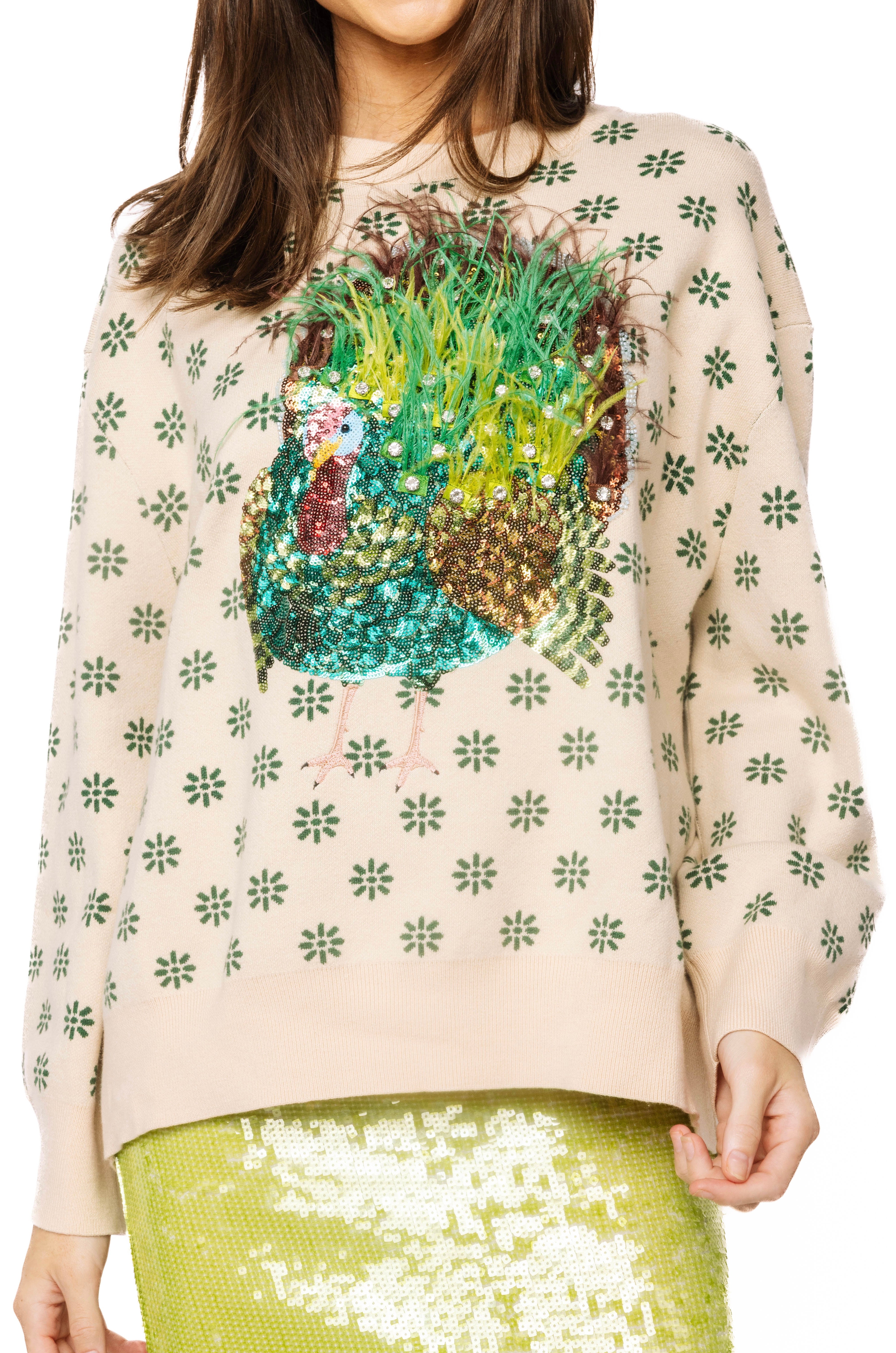 (PRE-ORDER) Queen of Sparkles Flower Print Feather Turkey Sweater