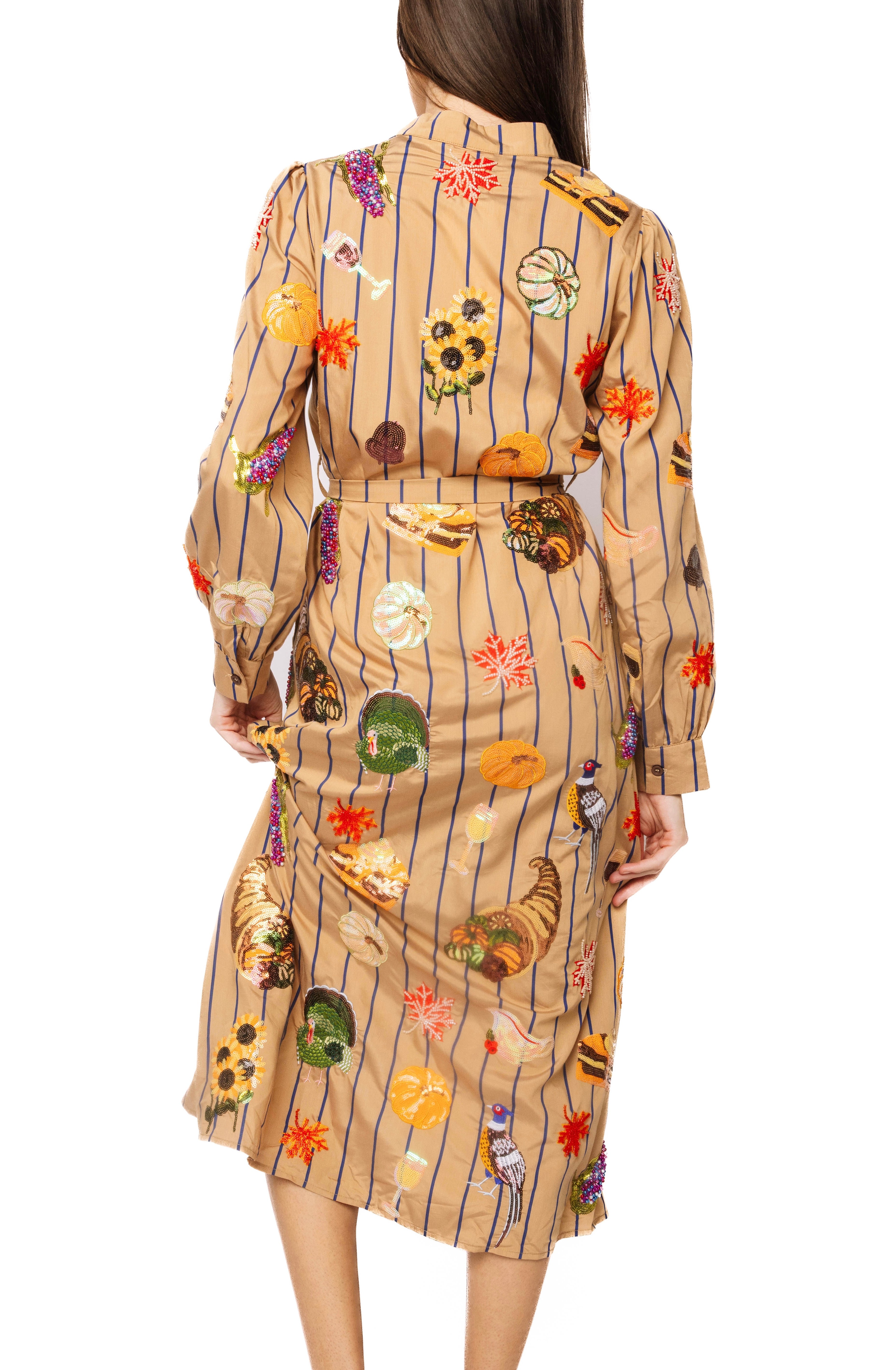 (PRE-ORDER) Queen of Sparkles Striped Thanksgiving Icon Midi Tie Dress