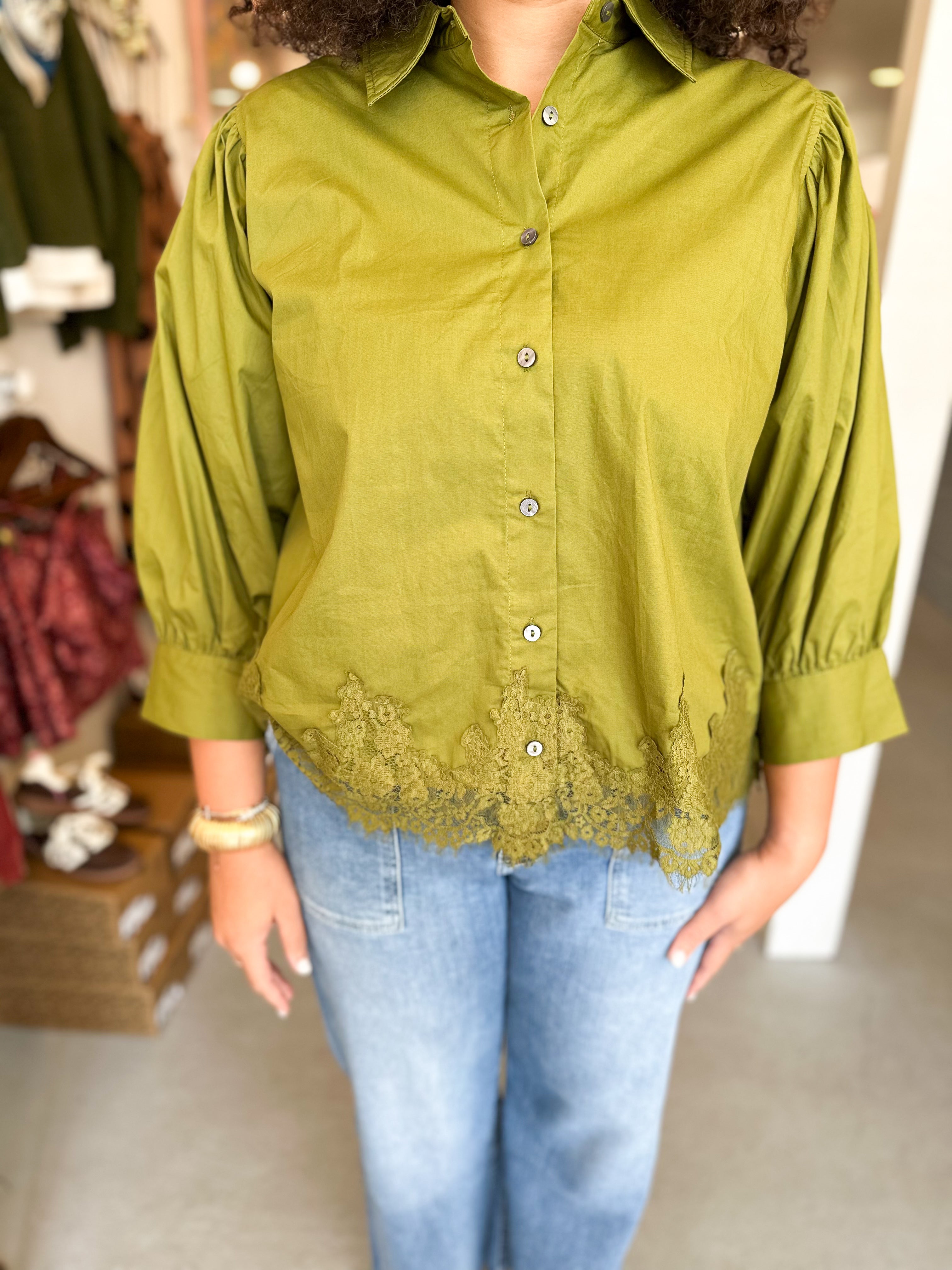 Plus Size Lace Hem Button Down Top