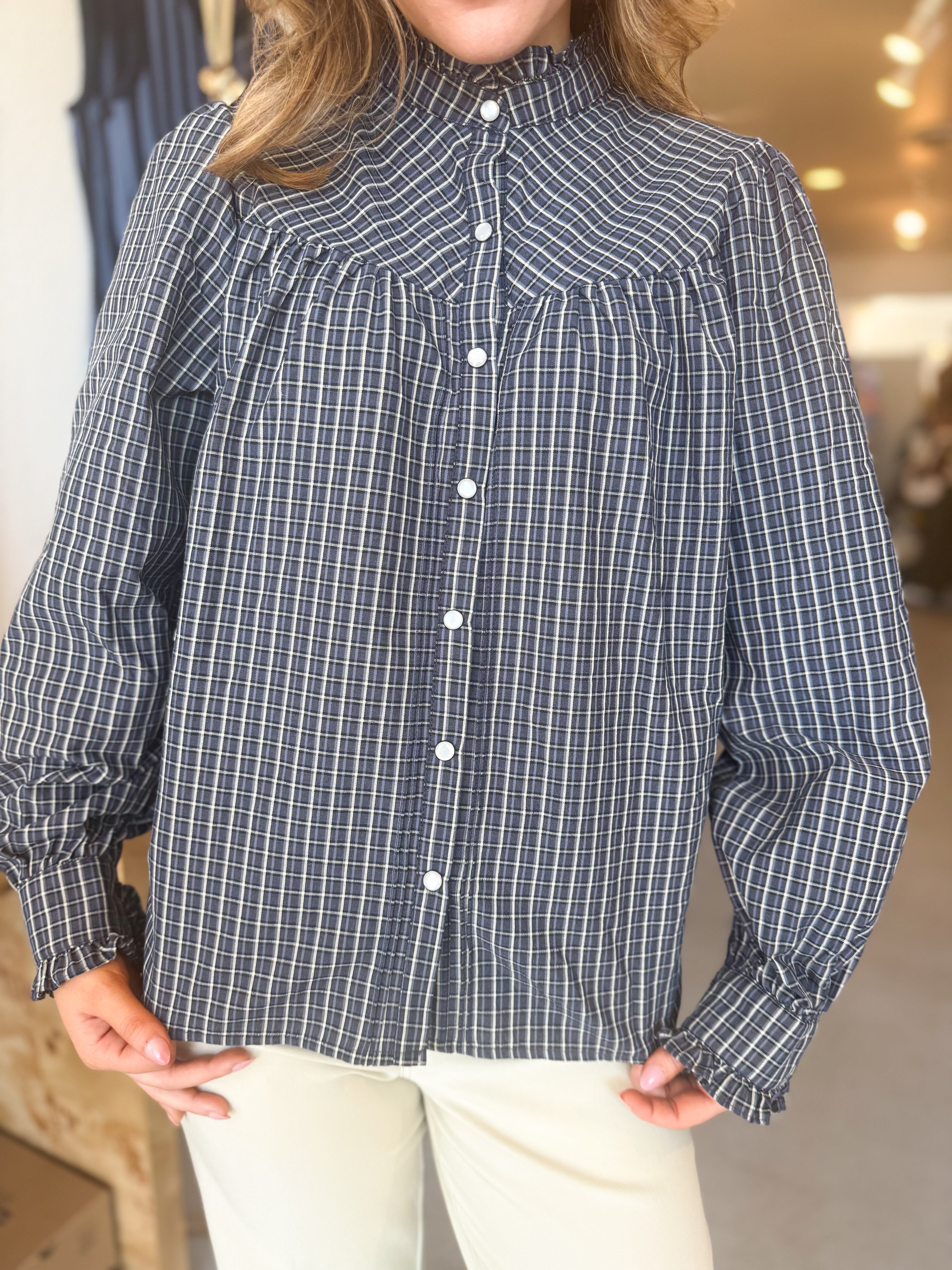 Plaid High Neck Button Front Top