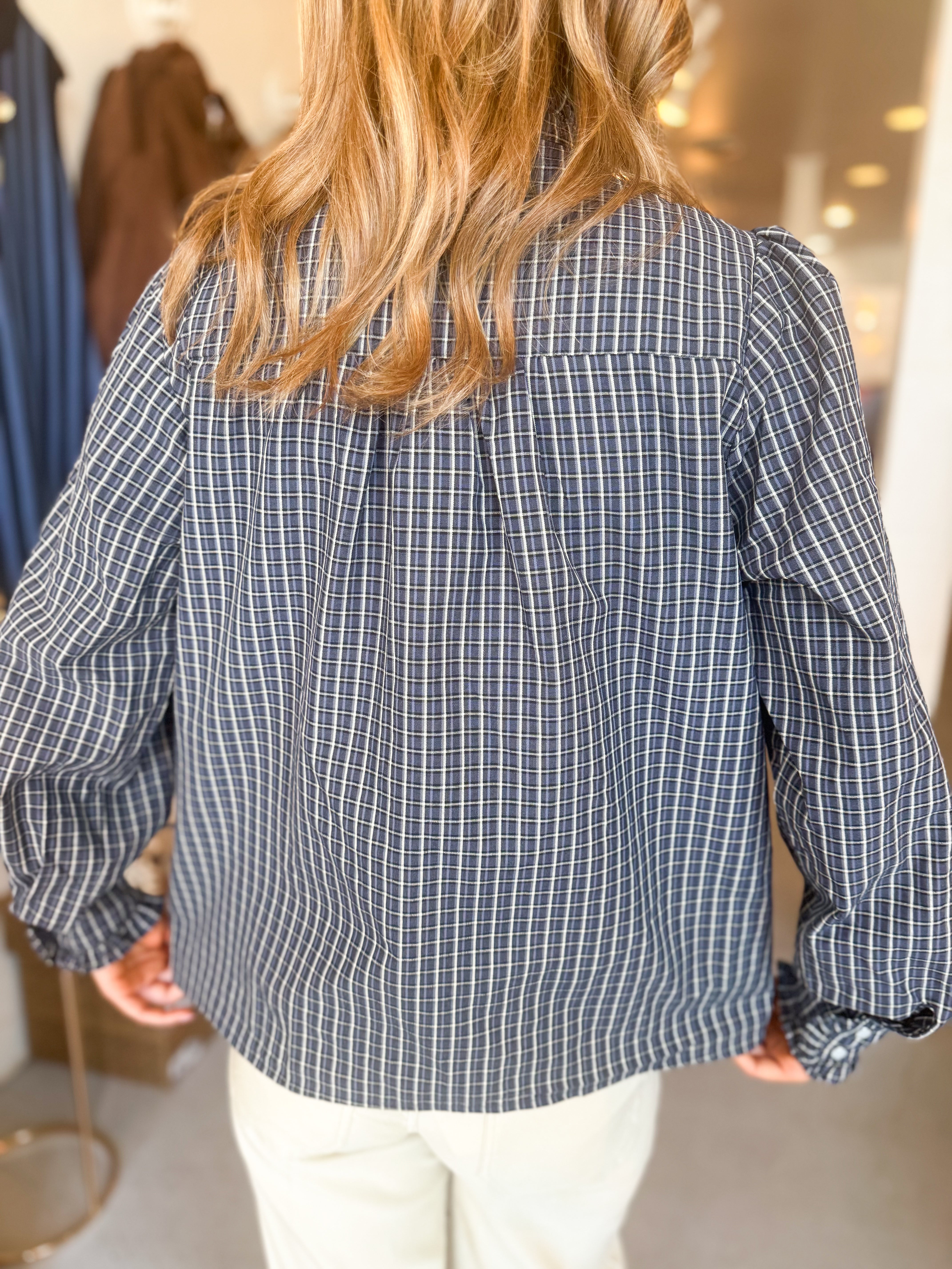Plaid High Neck Button Front Top
