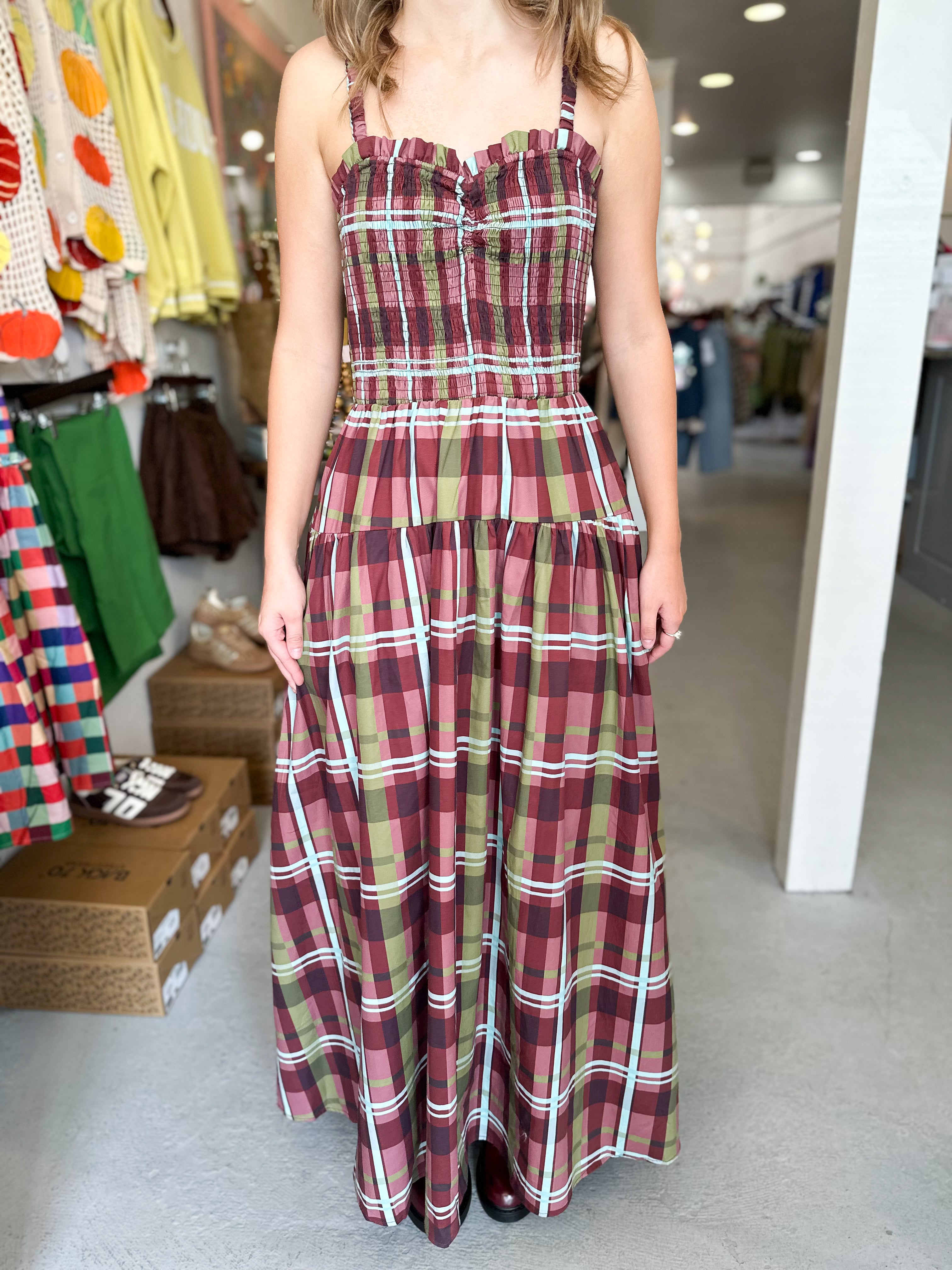 Plaid Smocked Maxi Dress