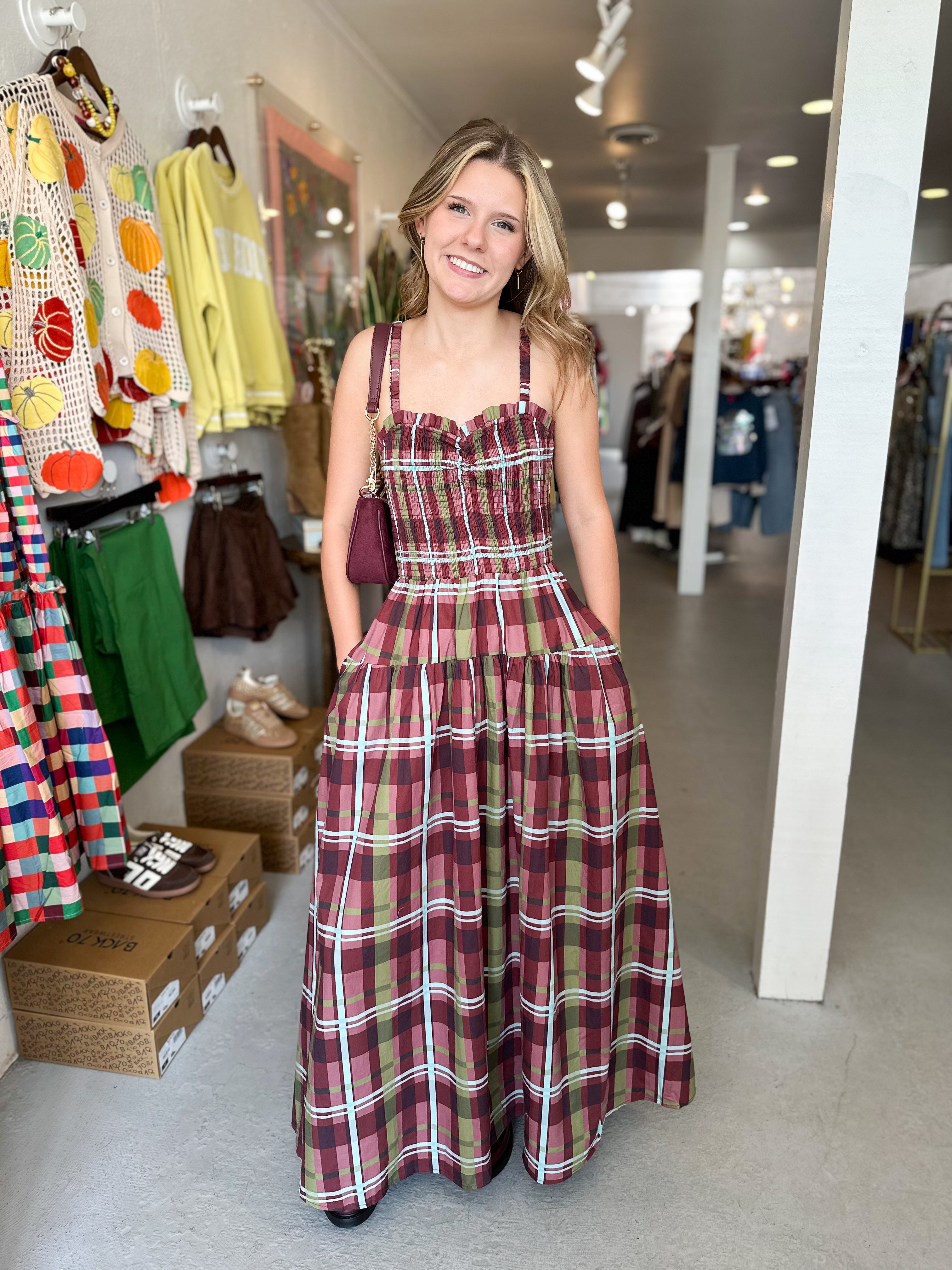 Plaid Smocked Maxi Dress